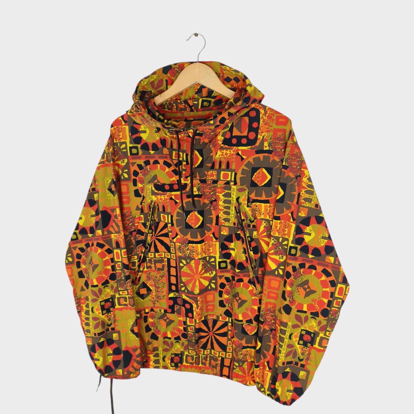 BEAMS PLUS Men's Geometric Print Oversized Fit Smock Anorak Parka Jacket
