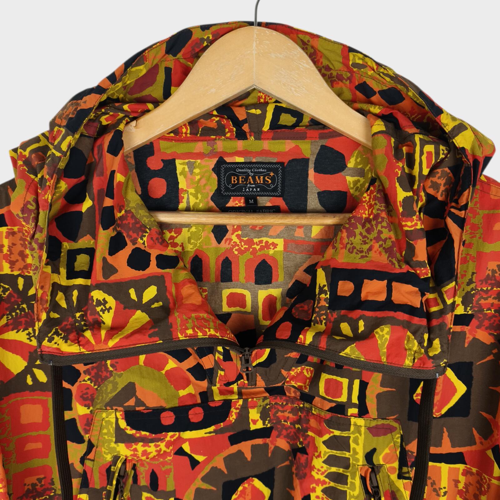 BEAMS PLUS Men's Geometric Print Oversized Fit Smock Anorak Parka Jacket