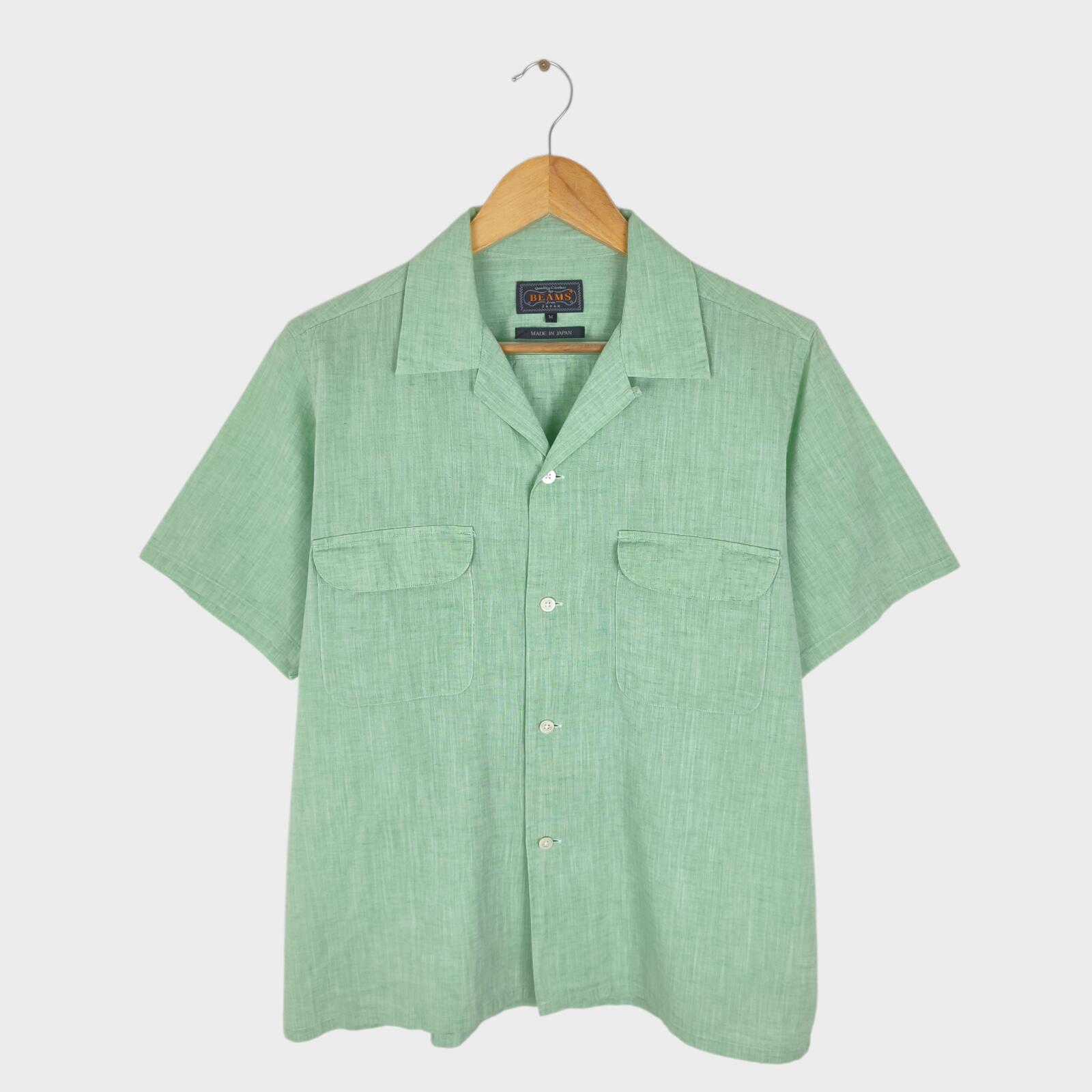 BEAMS PLUS Men's Green Made in Japan Cotton/Linen Vacation Shirt