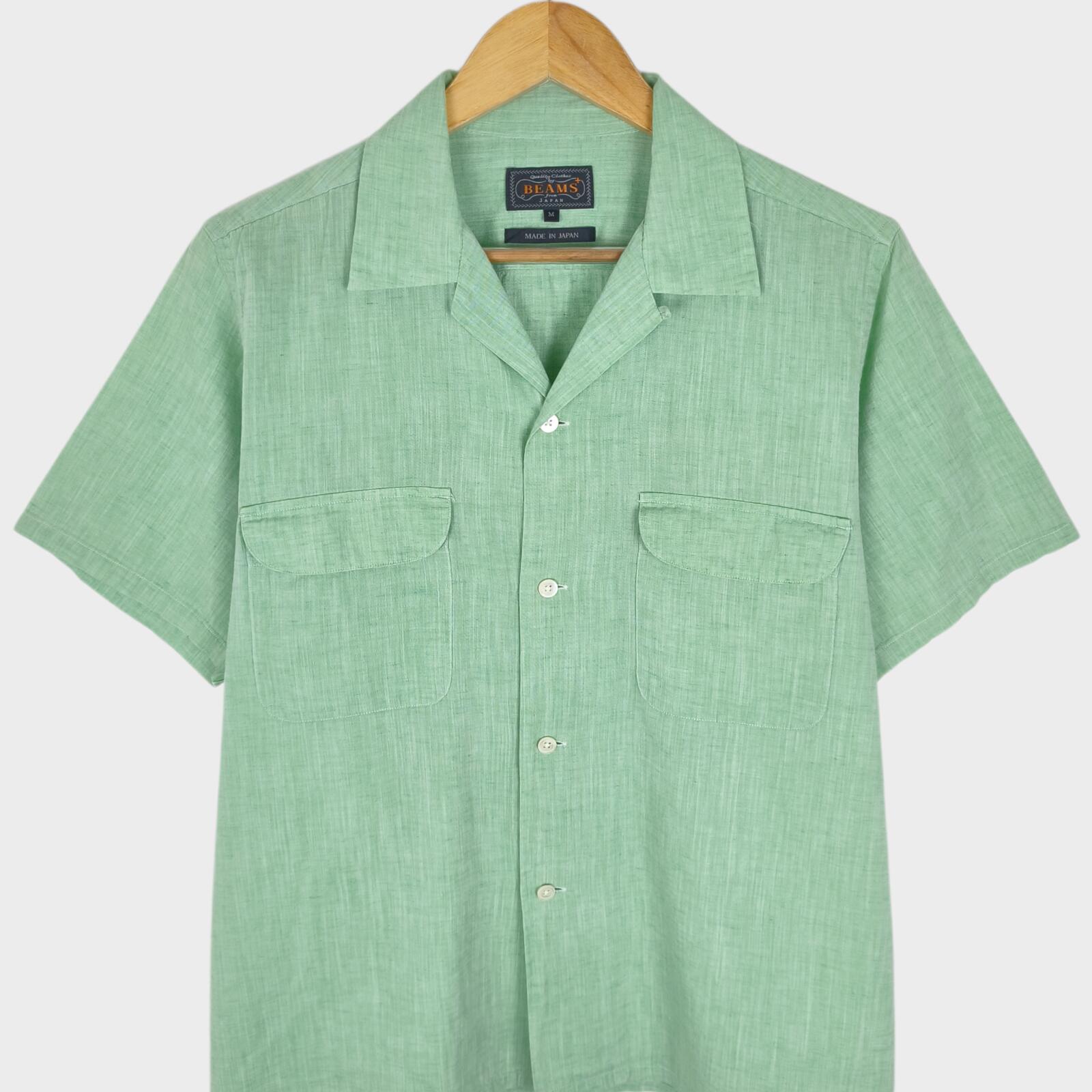 BEAMS PLUS Men's Green Made in Japan Cotton/Linen Vacation Shirt