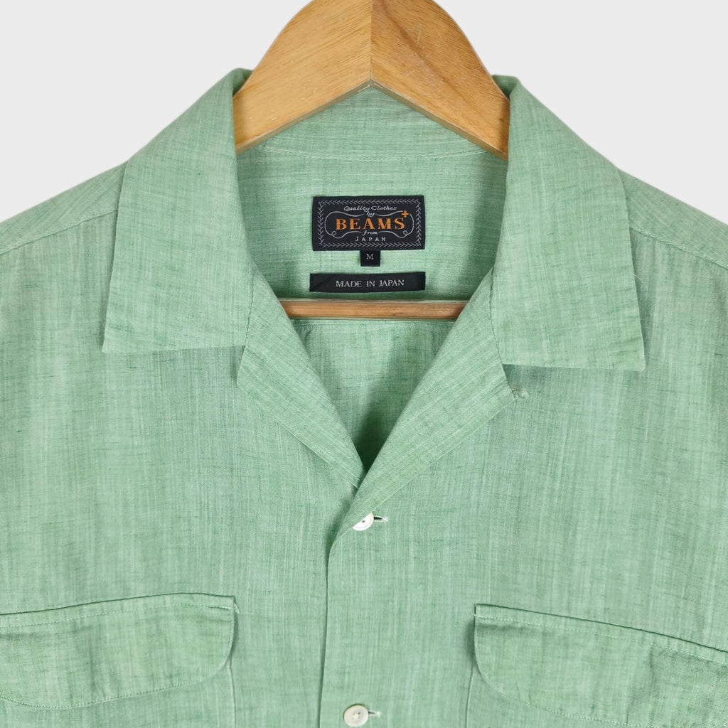 BEAMS PLUS Men's Green Made in Japan Cotton/Linen Vacation Shirt