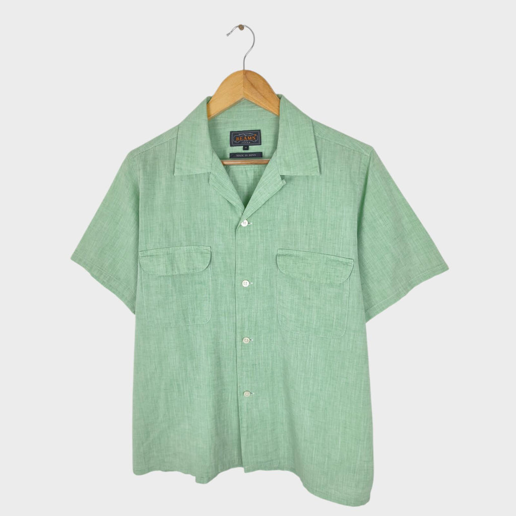BEAMS PLUS Men's Green Made in Japan Cotton/Linen Vacation Shirt