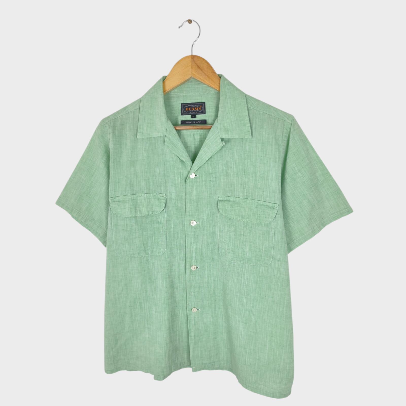 BEAMS PLUS Men's Green Made in Japan Cotton/Linen Vacation Shirt