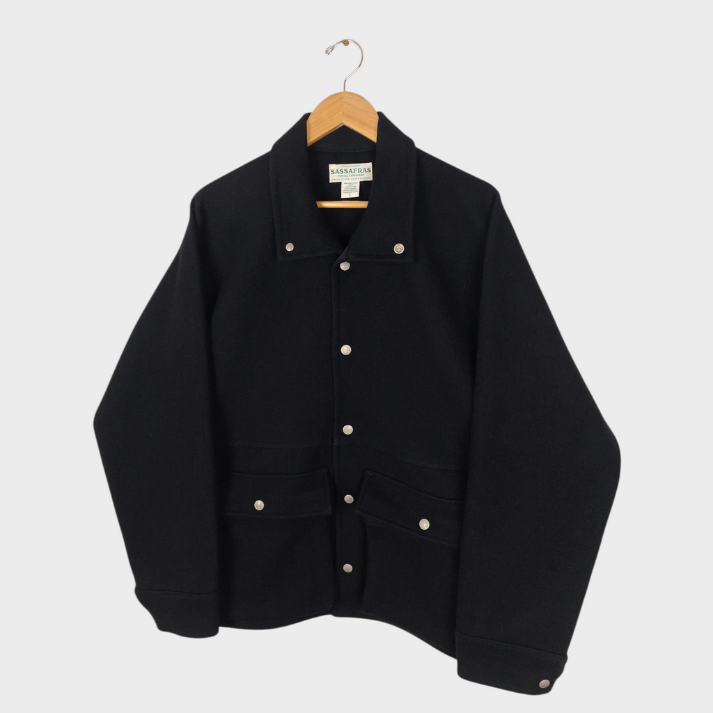 SASSAFRAS Men's Made in Japan Black Heavyweight Melton Wool Flower Hunter Jacket