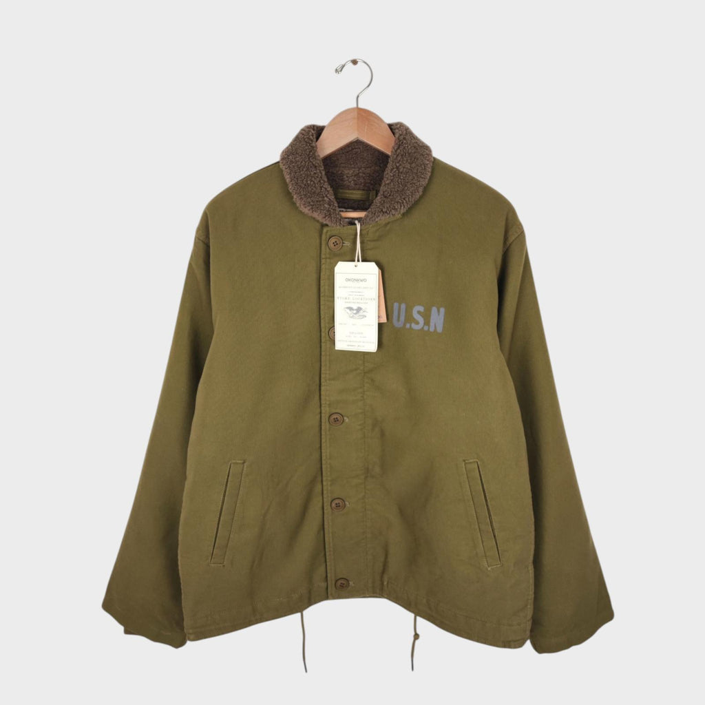 OKONKWO MFG Men's Khaki Green U.S.N. Fleece Lined N1 Deck Jacket