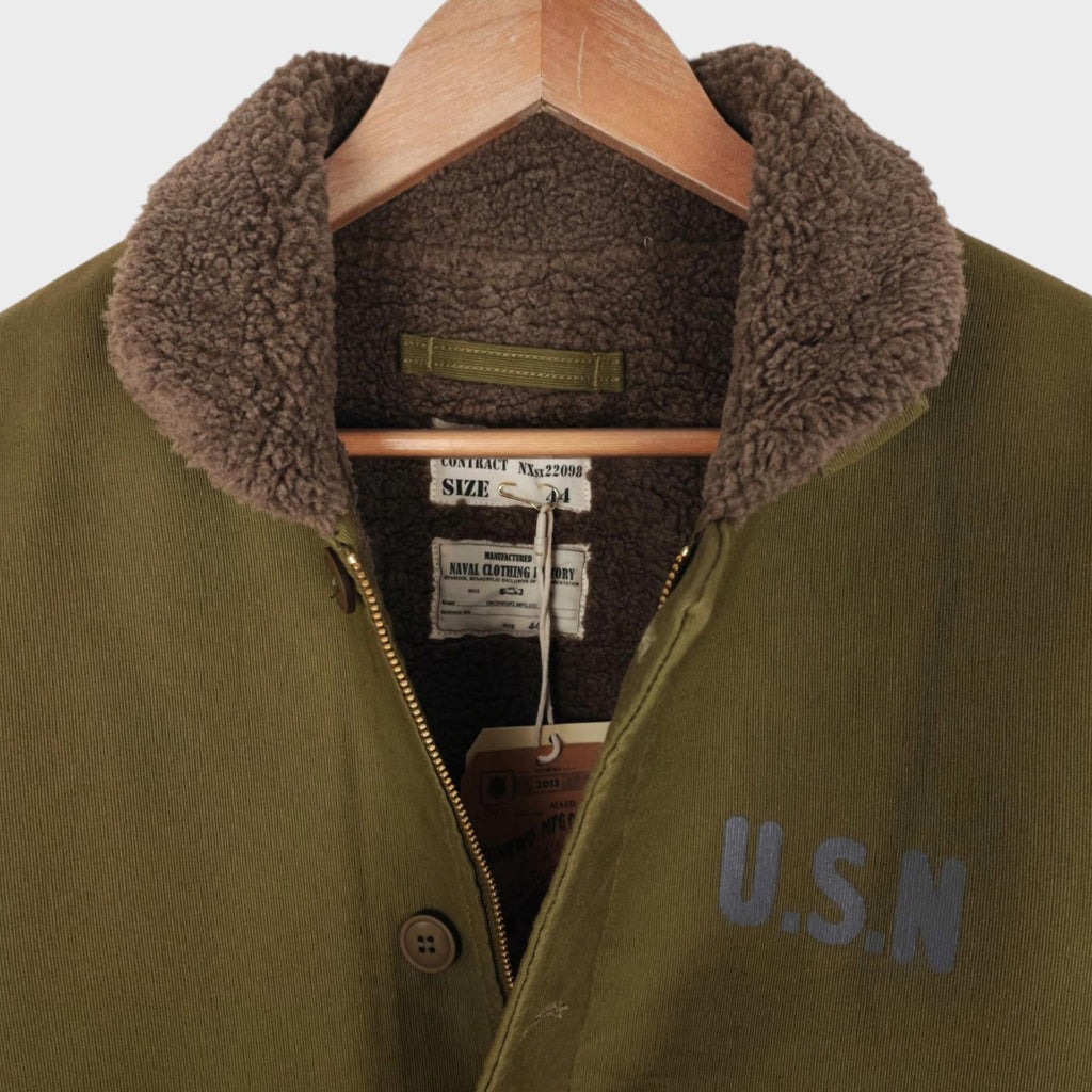 OKONKWO MFG Men's Khaki Green U.S.N. Fleece Lined N1 Deck Jacket