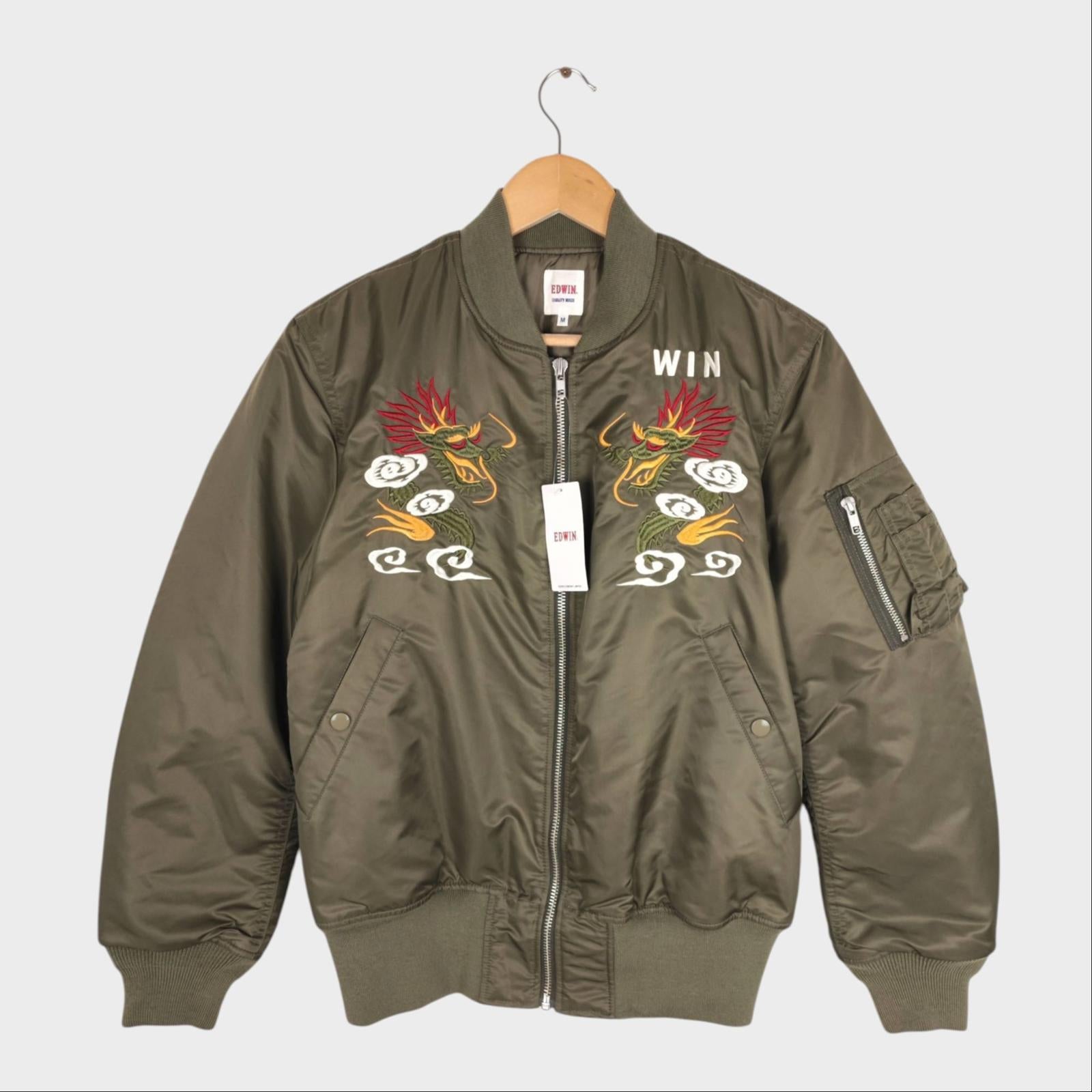 EDWIN Japan Men's Khaki Green Embroidered Military Sukajan MA-1 Bomber Jacket