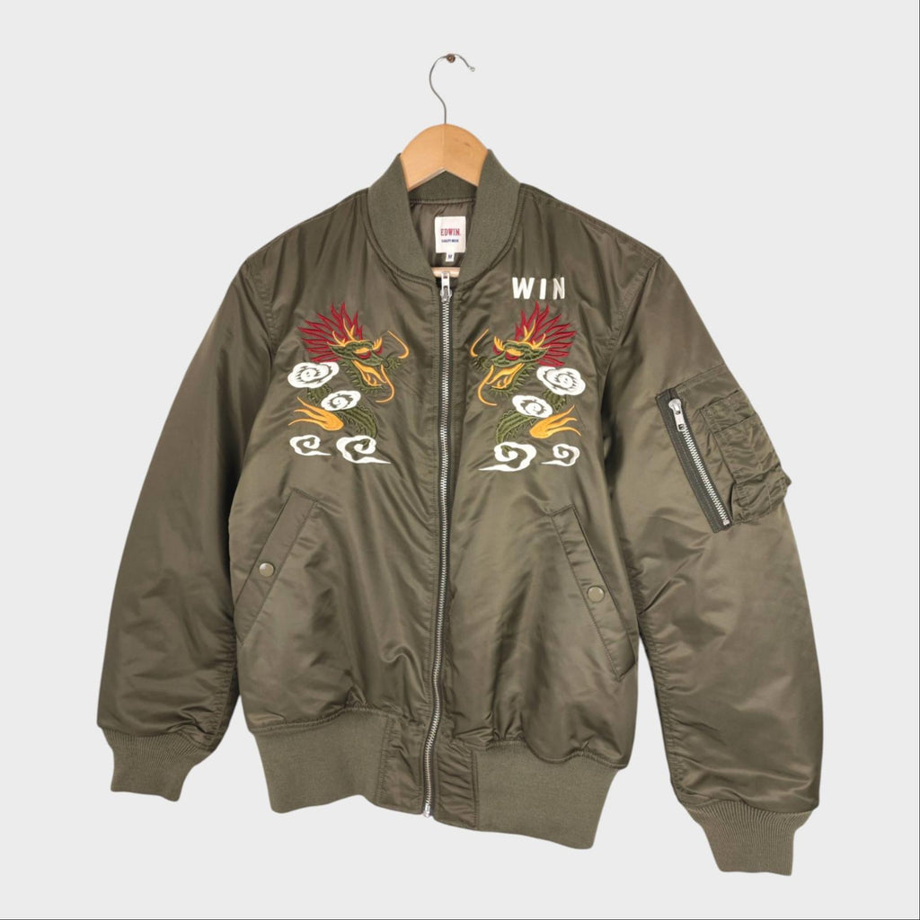 EDWIN Japan Men's Khaki Green Embroidered Military Sukajan MA-1 Bomber Jacket
