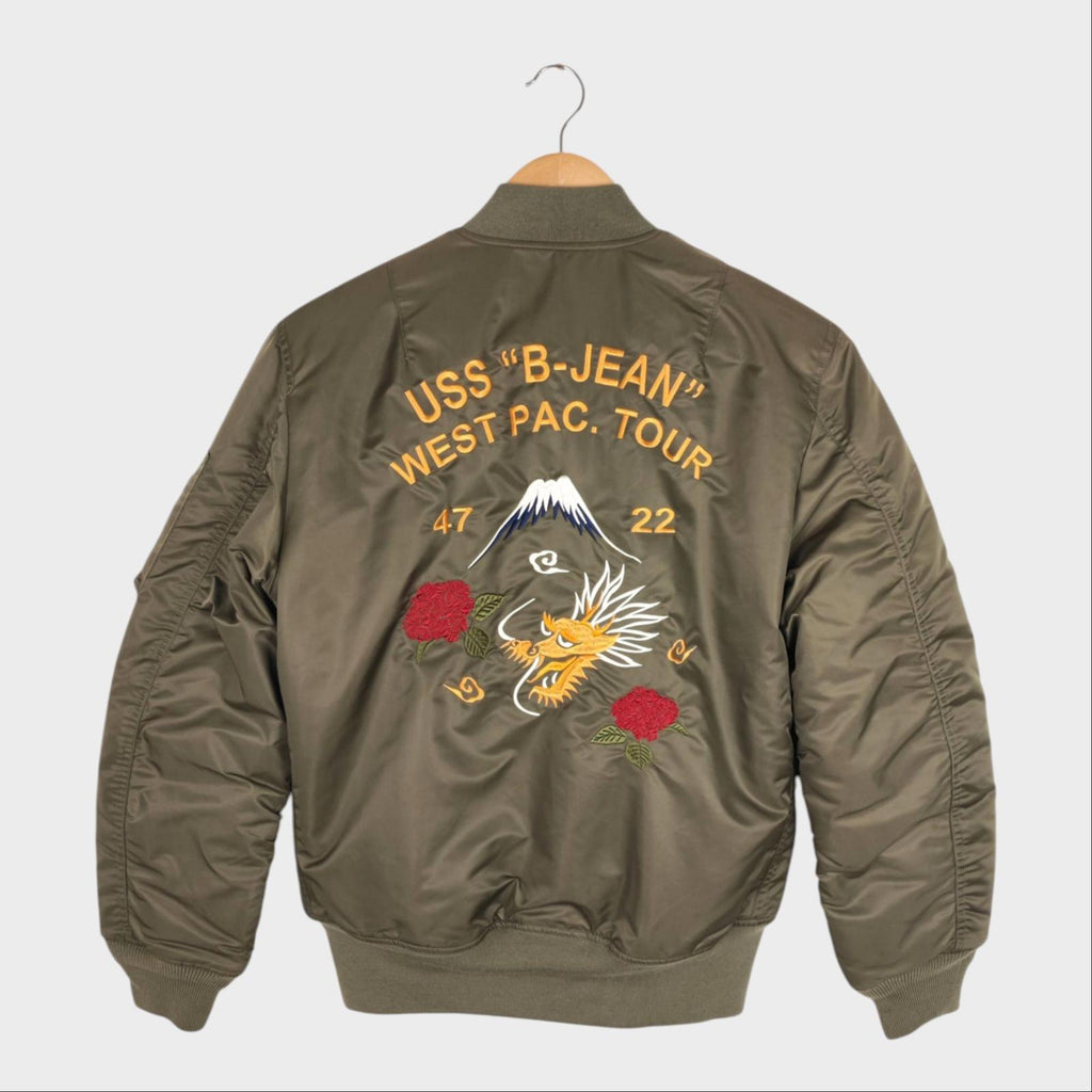 EDWIN Japan Men's Khaki Green Embroidered Military Sukajan MA-1 Bomber Jacket