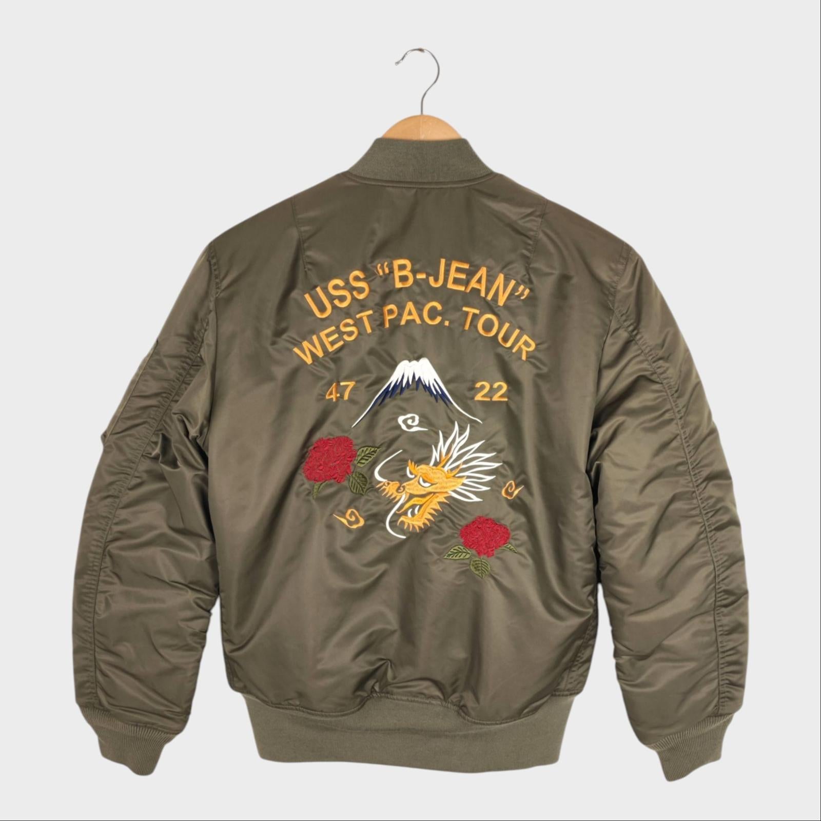 EDWIN Japan Men's Khaki Green Embroidered Military Sukajan MA-1 Bomber Jacket