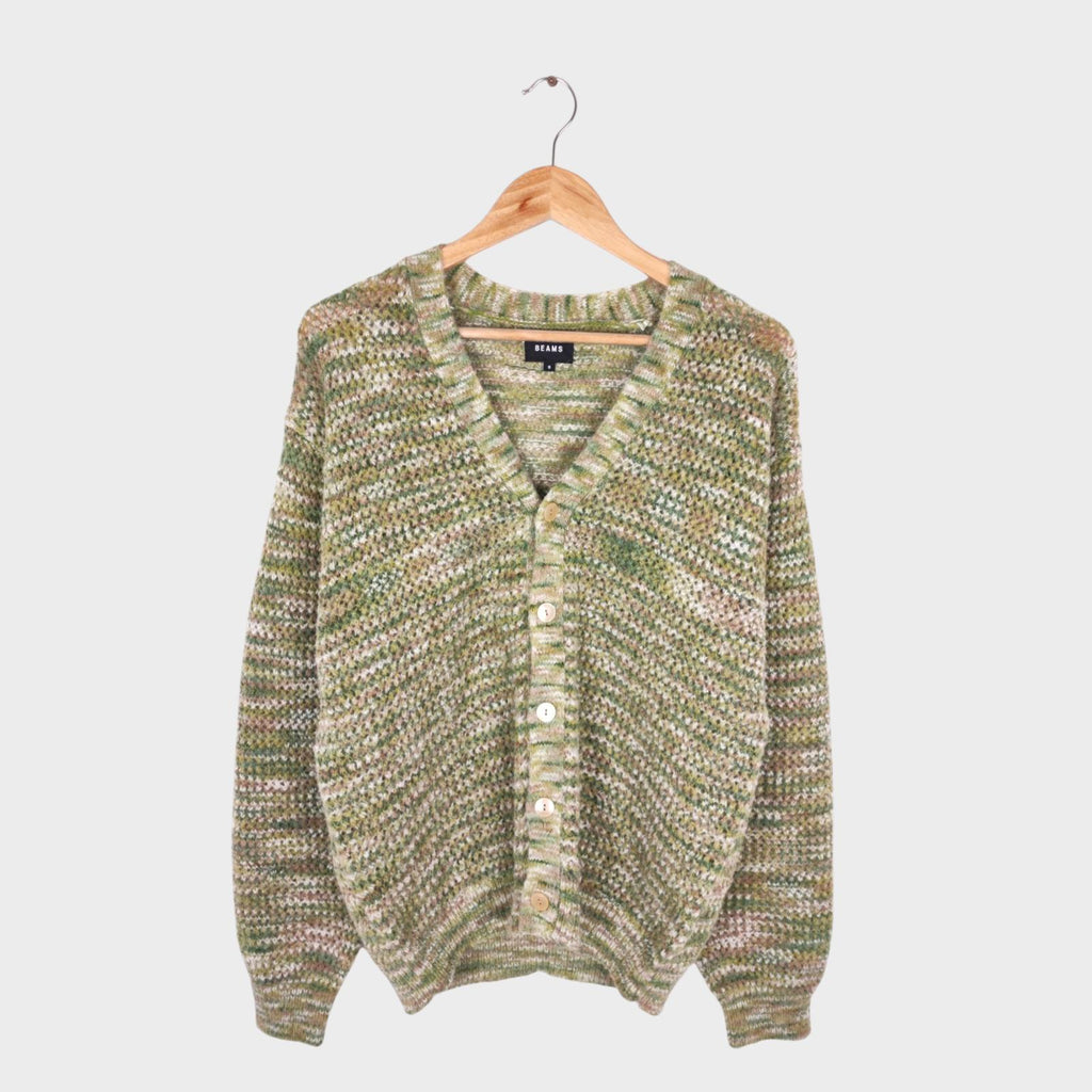 BEAMS Men's Mesh Knit Green Cardigan