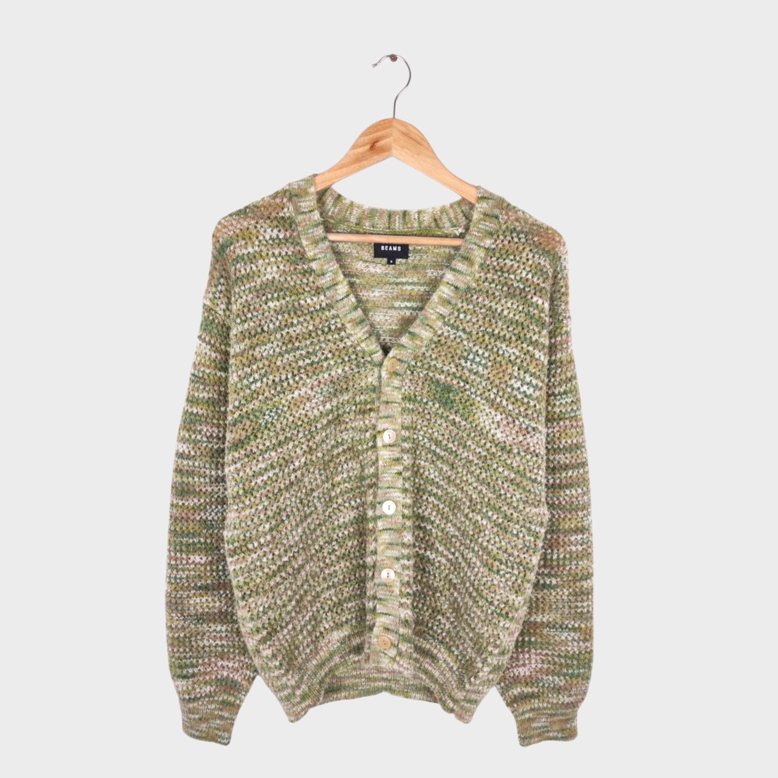 BEAMS Men's Mesh Knit Green Cardigan