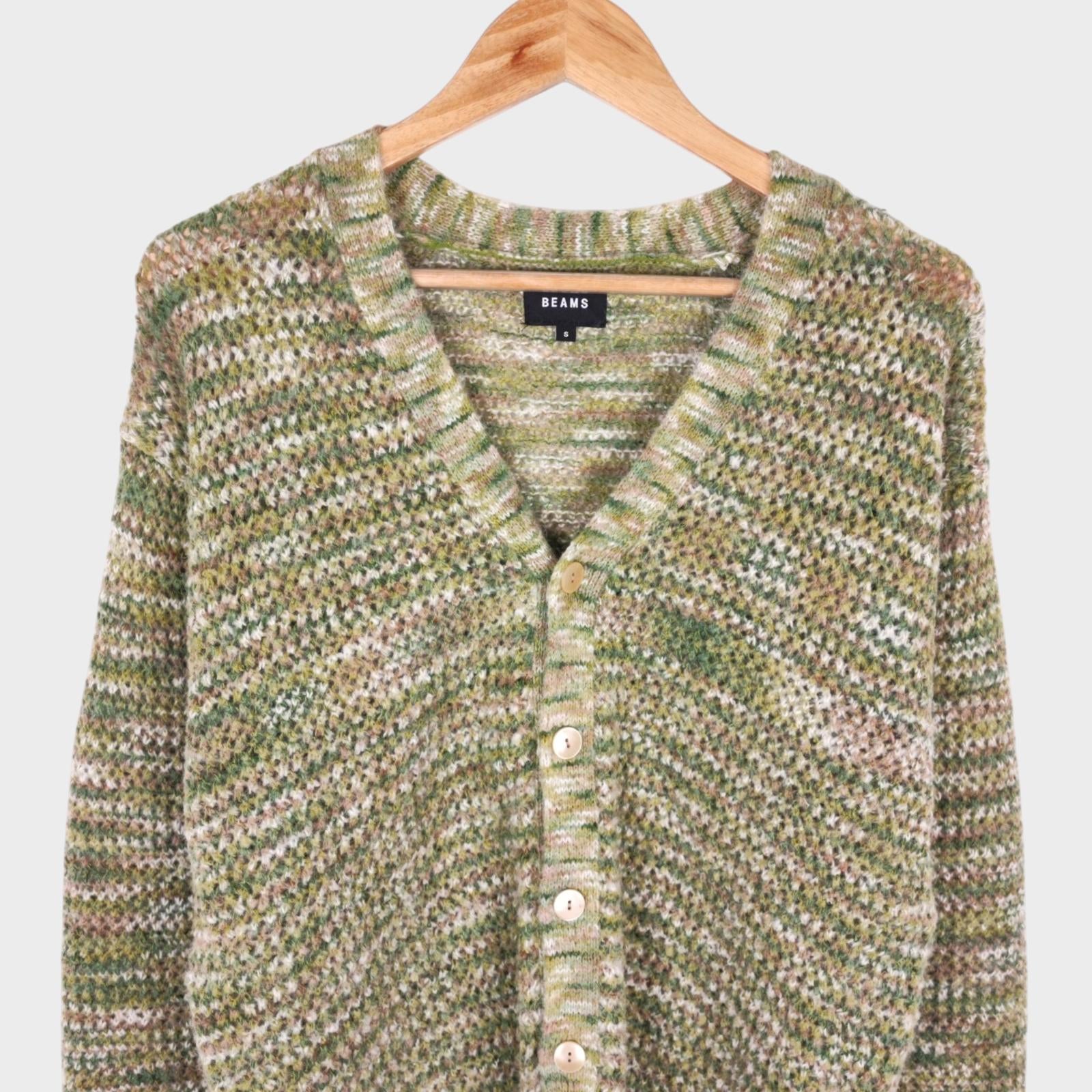 BEAMS Men's Mesh Knit Green Cardigan