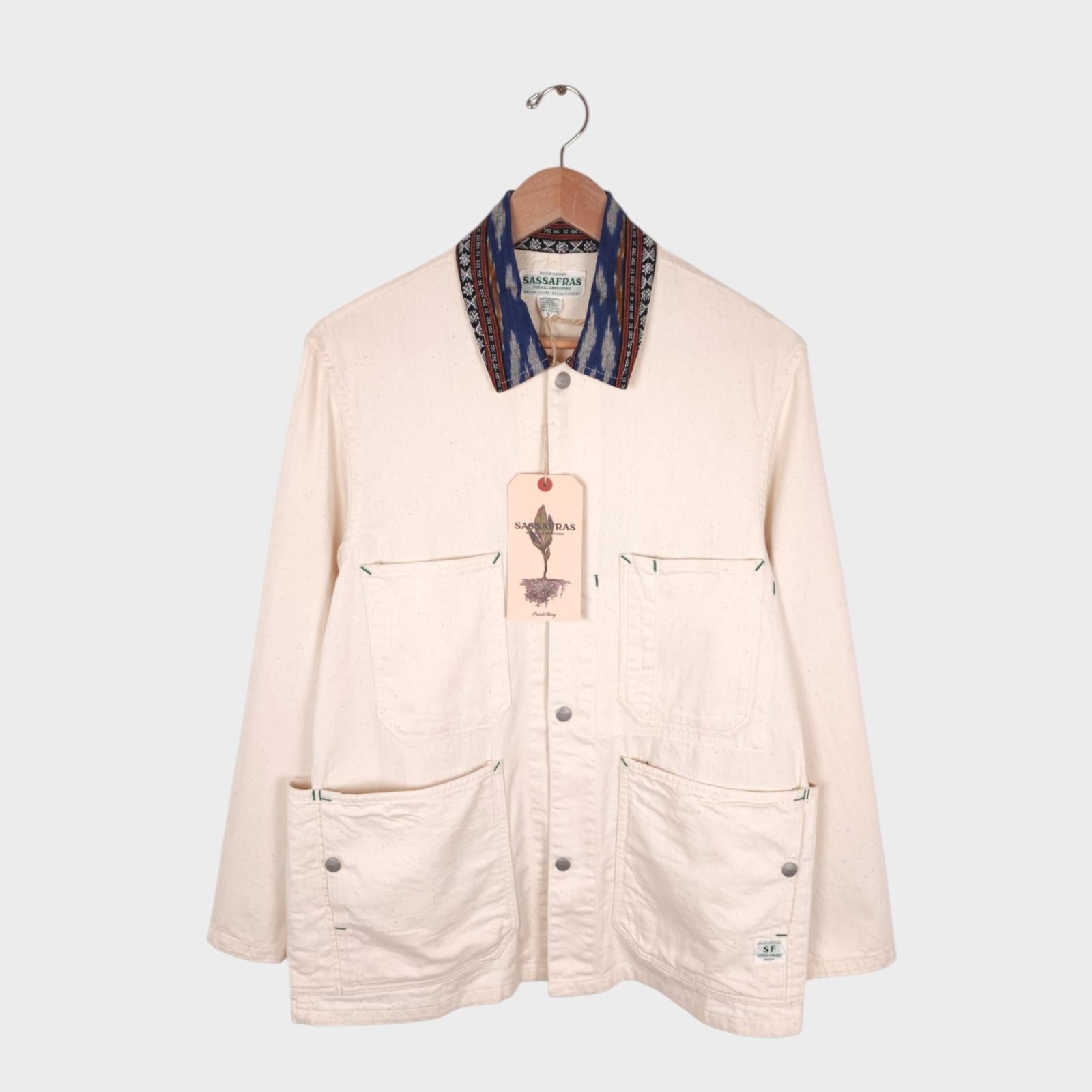 SASSAFRAS Men's Made in Japan Ecru 8oz Cotton Drill Green Thumb Chore Jacket