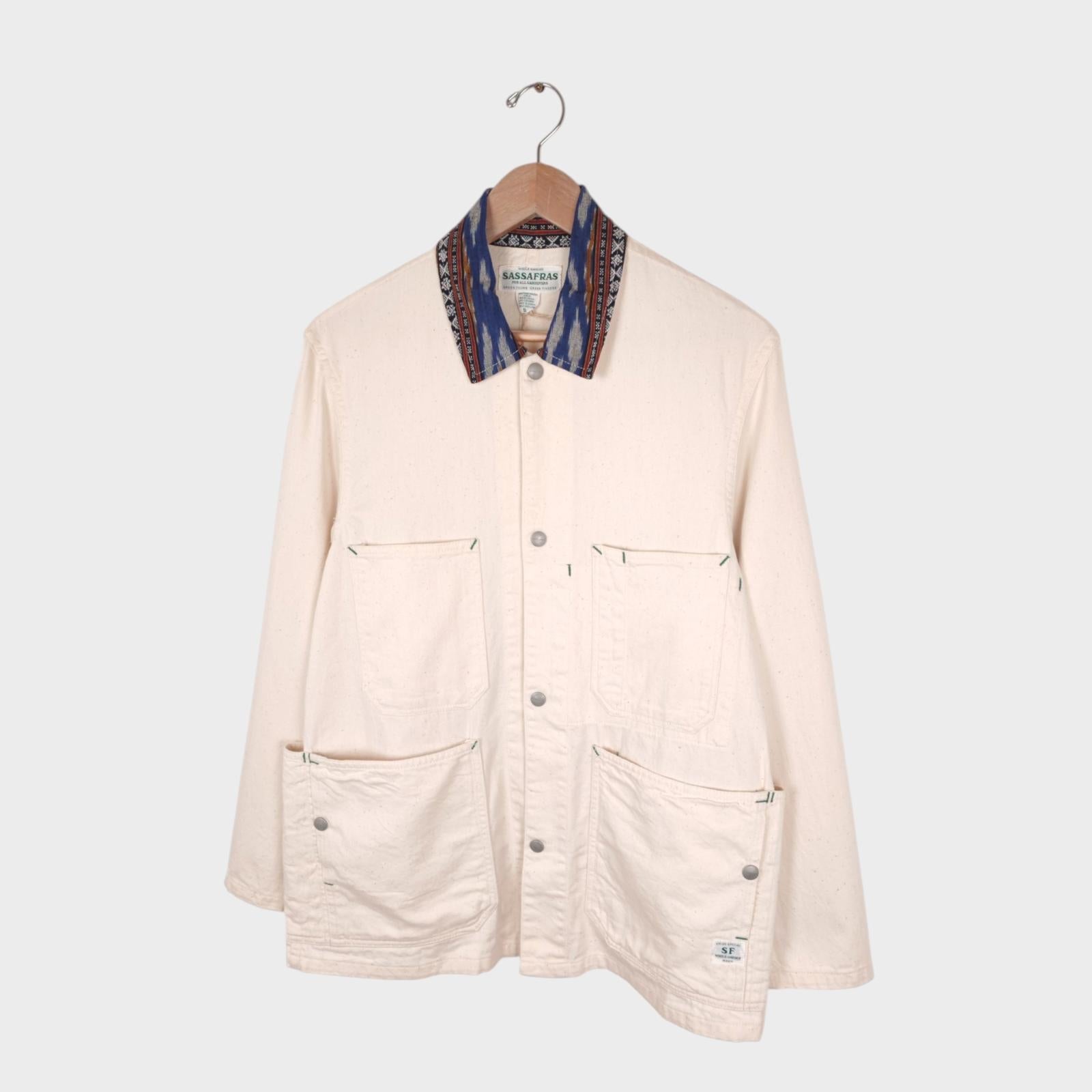 SASSAFRAS Men's Made in Japan Ecru 8oz Cotton Drill Green Thumb Chore Jacket