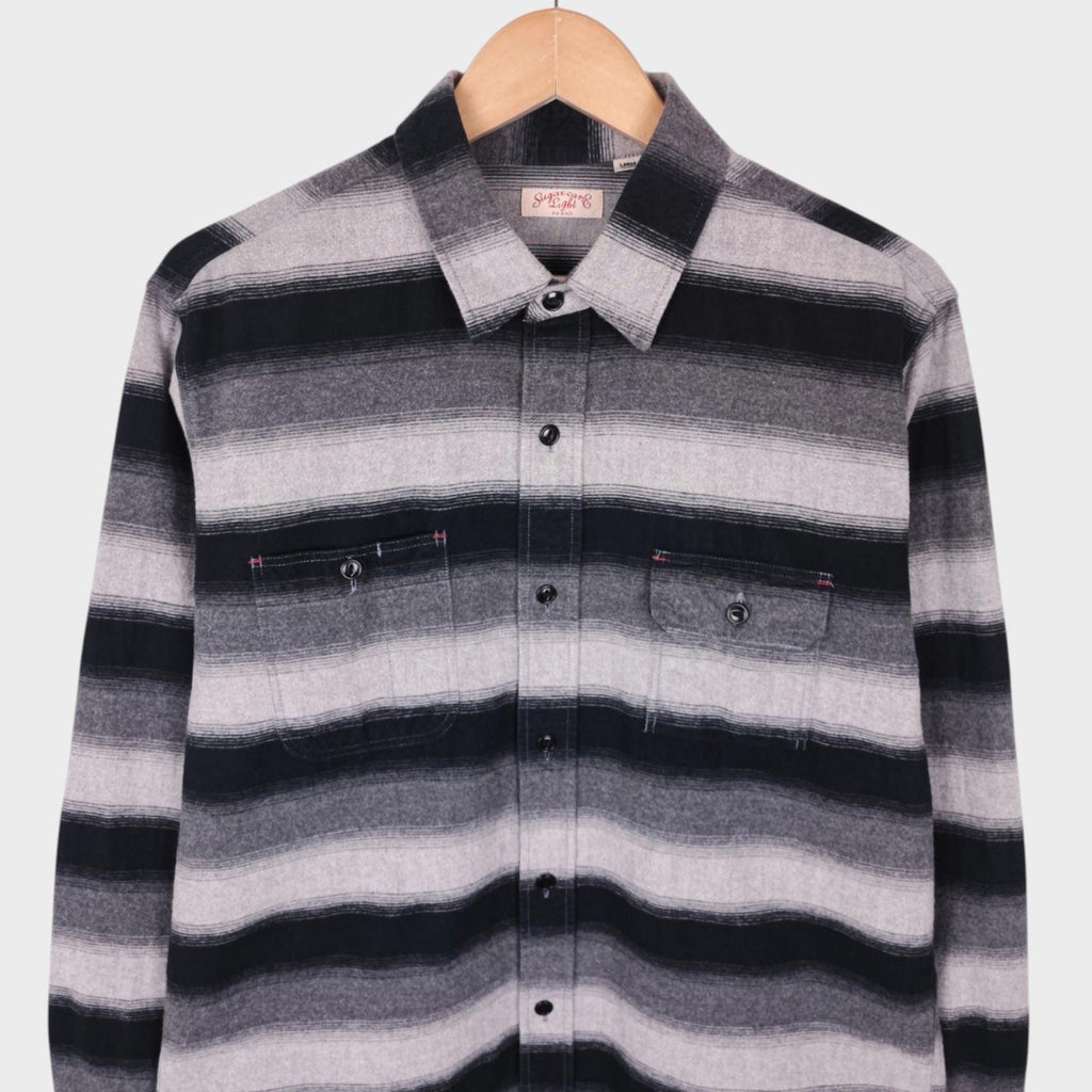 SUGAR CANE Men's Made in Japan Black/Grey Striped Flannel Shirt - Size L