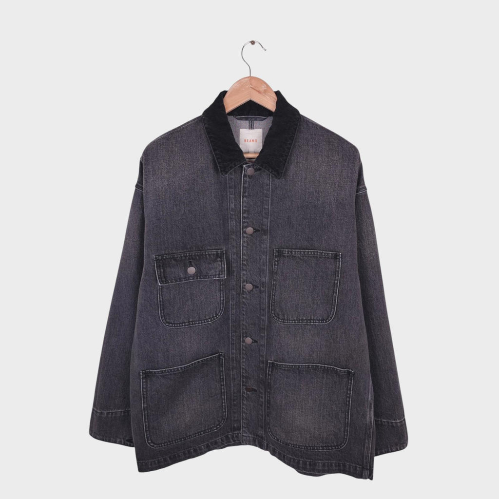 BEAMS Men's Grey Denim Oversized Fit Chore Jacket