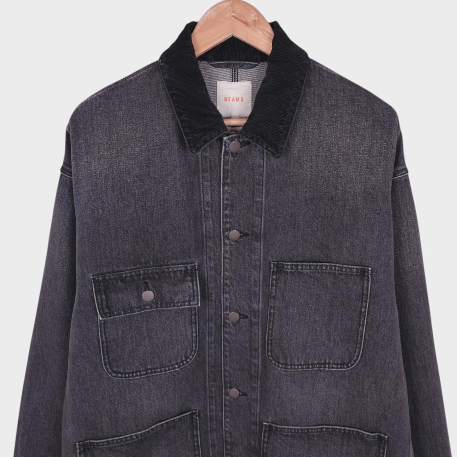 BEAMS Men's Grey Denim Oversized Fit Chore Jacket