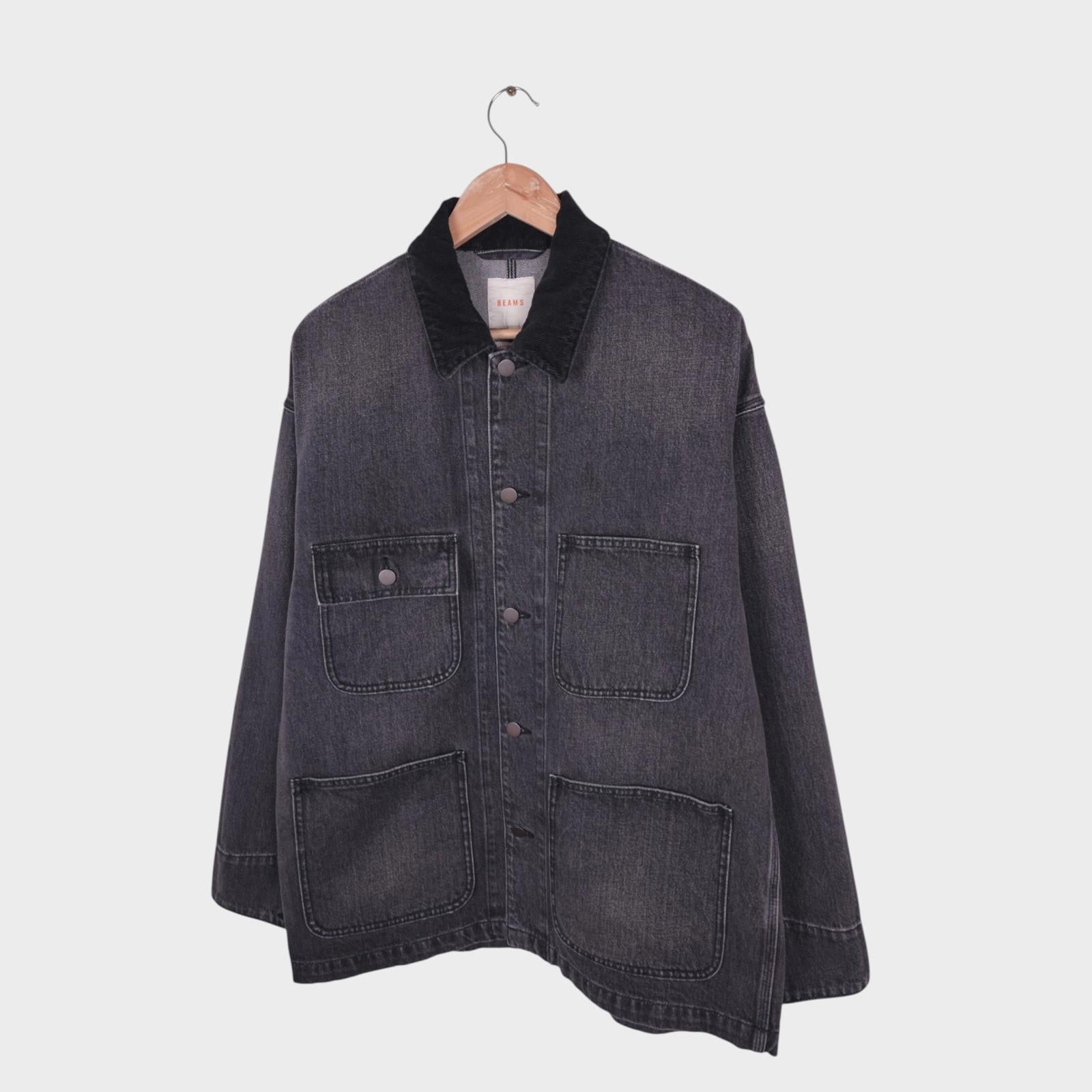 BEAMS Men's Grey Denim Oversized Fit Chore Jacket