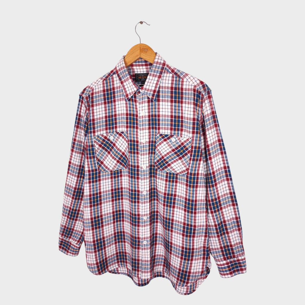 BEAMS PLUS Men's Made in Japan Multicoloured Check Cotton/Linen Work Shirt