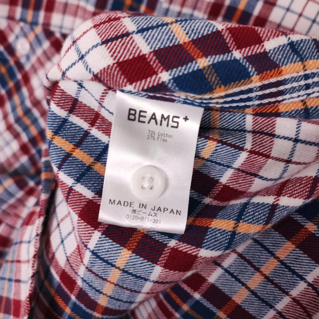 BEAMS PLUS Men's Made in Japan Multicoloured Check Cotton/Linen Work Shirt
