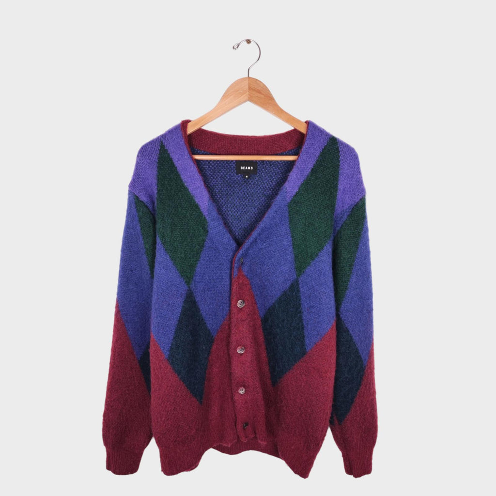 BEAMS Men's Mohair Wool Blend Shaggy Grunge Argyle Cardigan