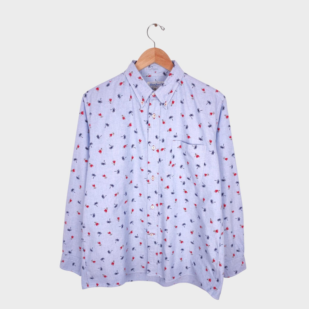SUN SURF Men's Blue Hawaiian Print Button Down Oxford Shirt