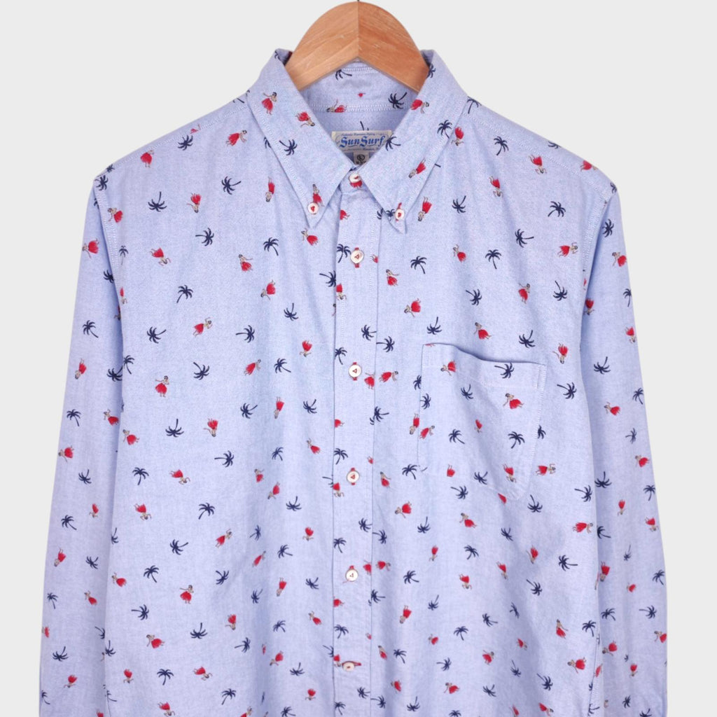SUN SURF Men's Blue Hawaiian Print Button Down Oxford Shirt