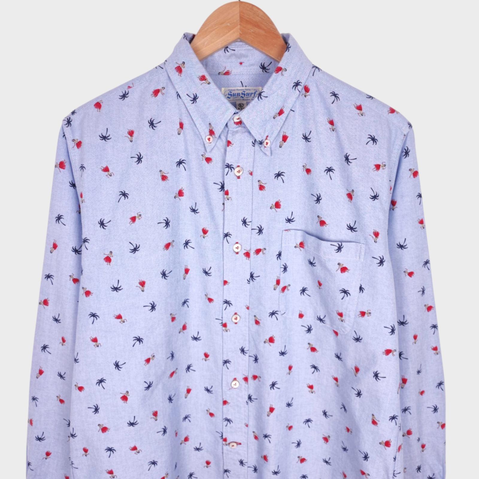 SUN SURF Men's Blue Hawaiian Print Button Down Oxford Shirt