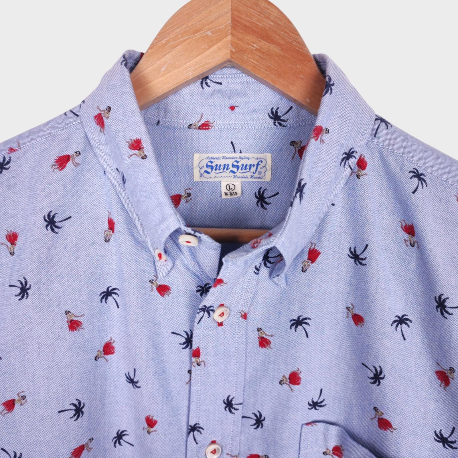 SUN SURF Men's Blue Hawaiian Print Button Down Oxford Shirt