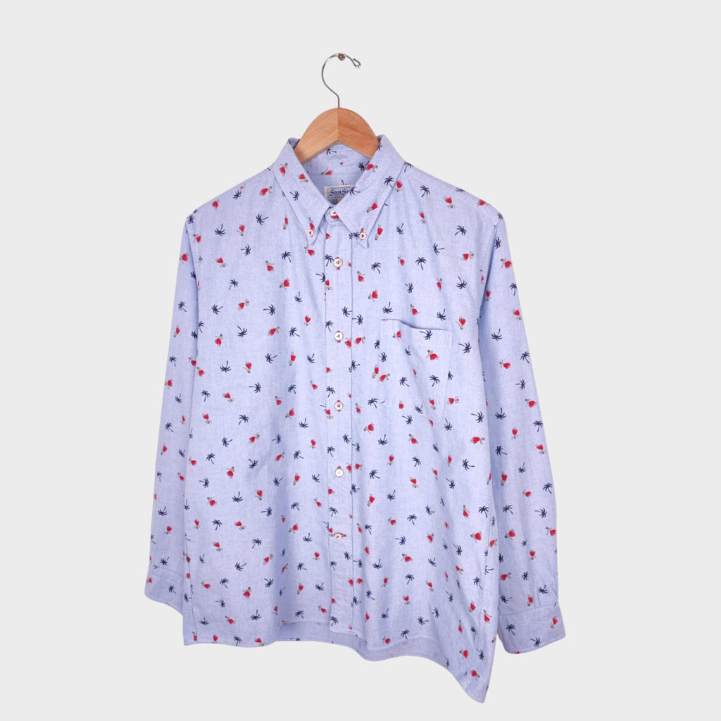 SUN SURF Men's Blue Hawaiian Print Button Down Oxford Shirt