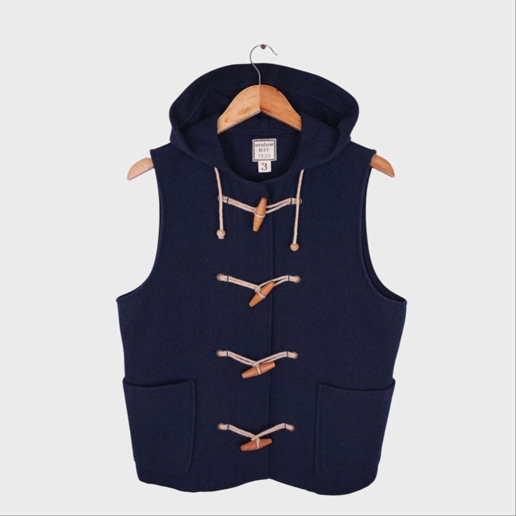 ORSLOW Men's Navy Blue Made in Japan Wool Hooded Duffle Vest