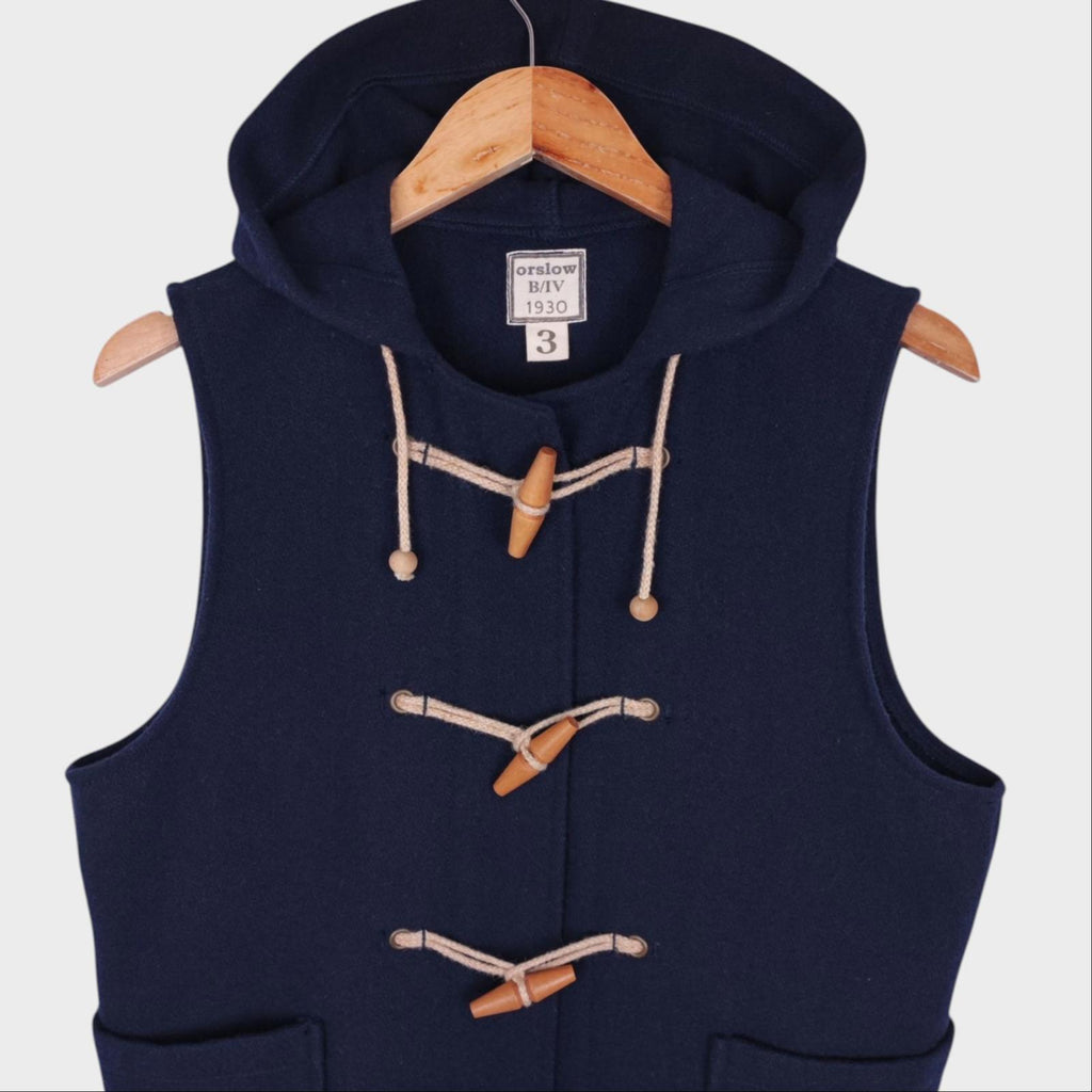 ORSLOW Men's Navy Blue Made in Japan Wool Hooded Duffle Vest