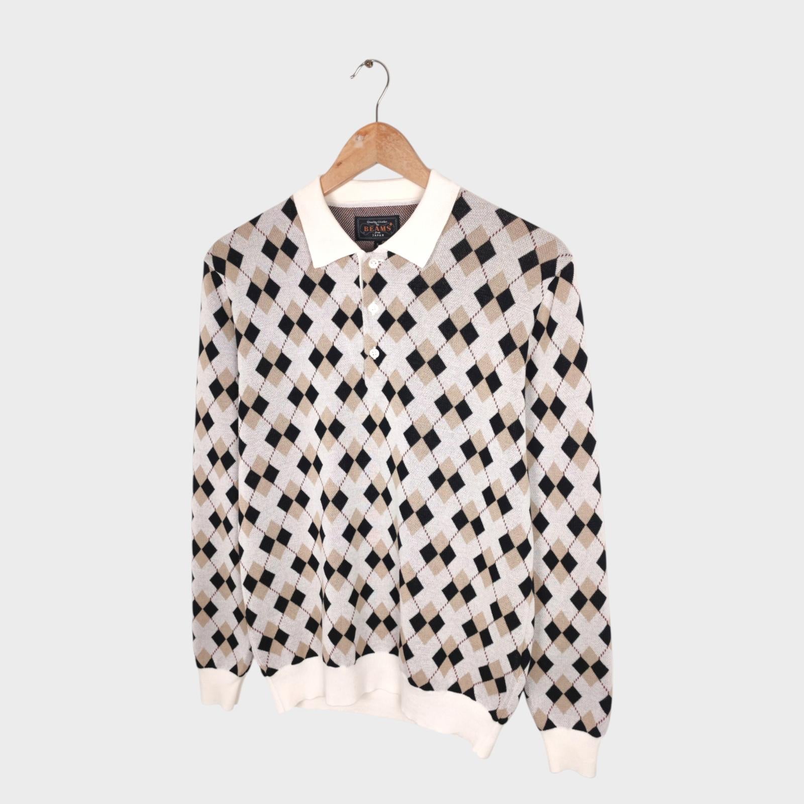 BEAMS PLUS Men's Multicoloured Argyle Cotton Polo Shirt