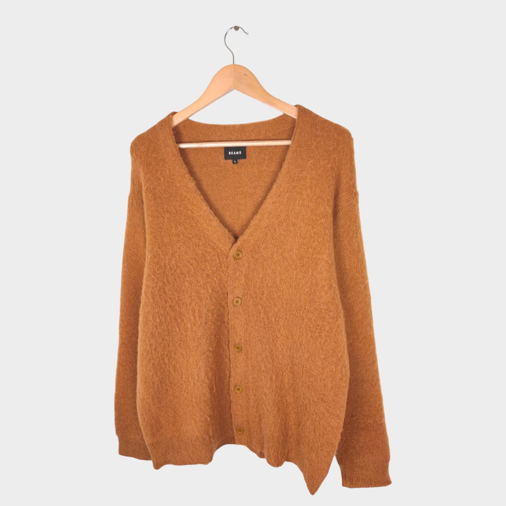 BEAMS Men's Tan/Camel Mohair Blend Shaggy Grunge Cardigan