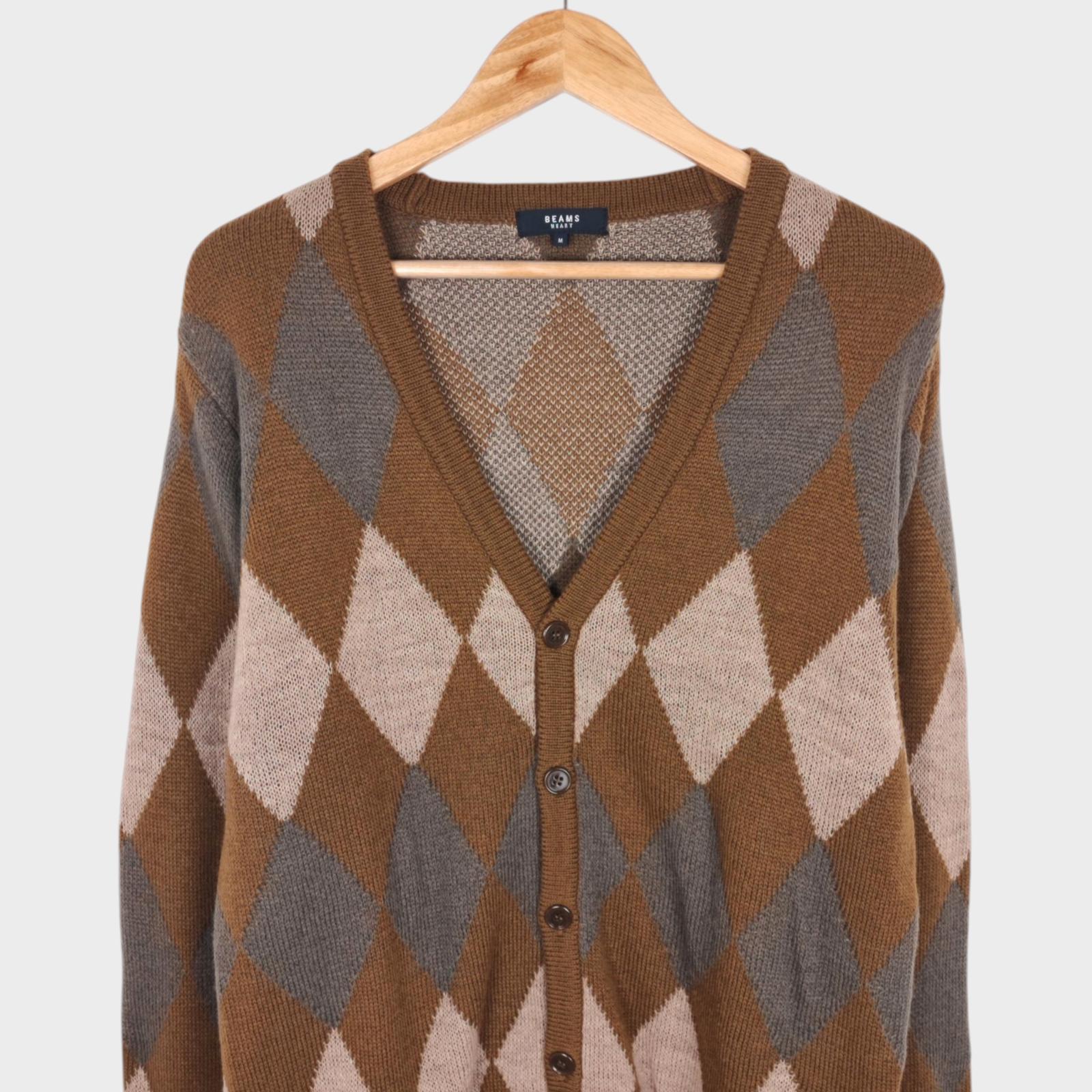 BEAMS HEART Men's Made in Japan Argyle Wool Blend Cardigan