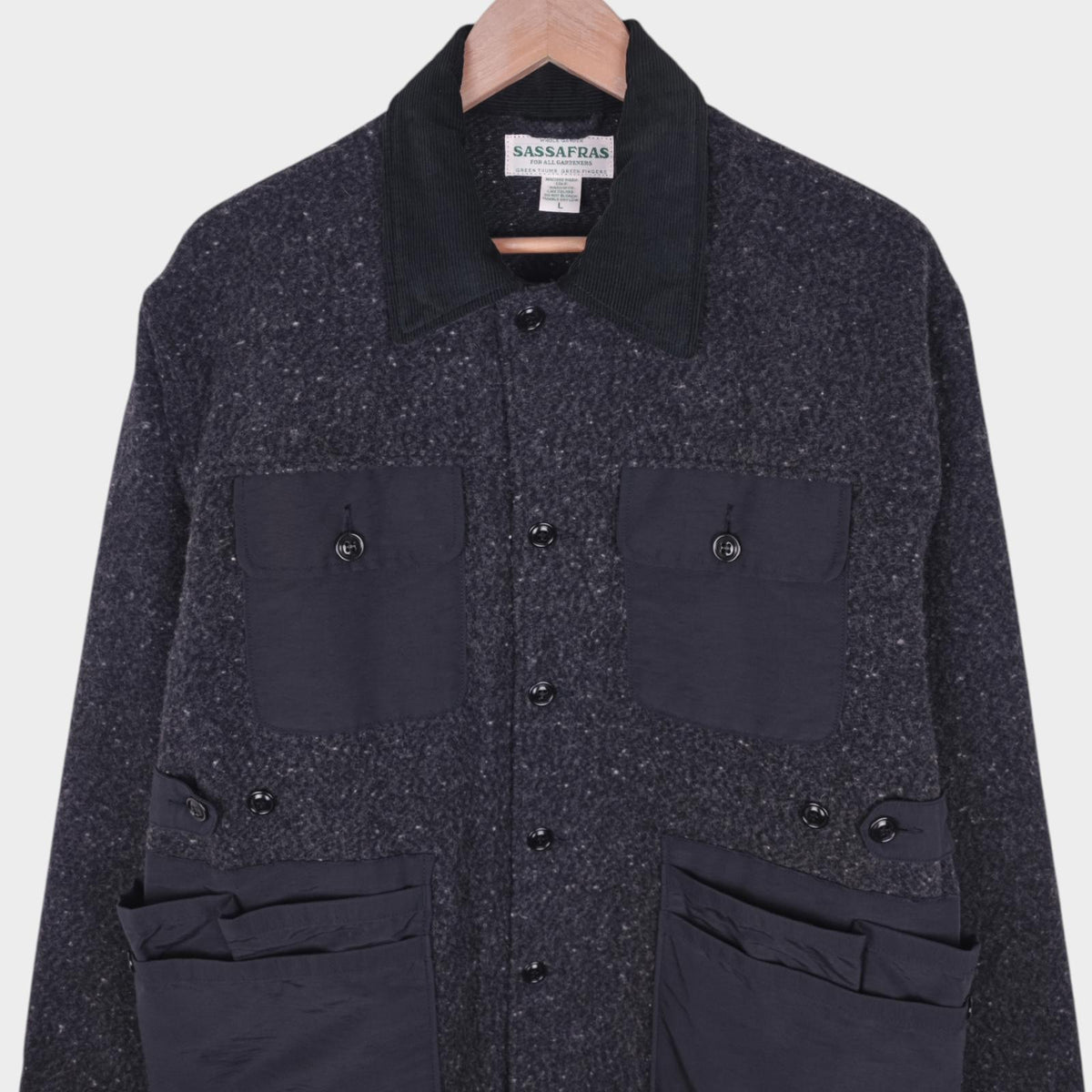 SASSAFRAS Men's Made in Japan Grey Wool Blend Garden Hole Jacket - Size L