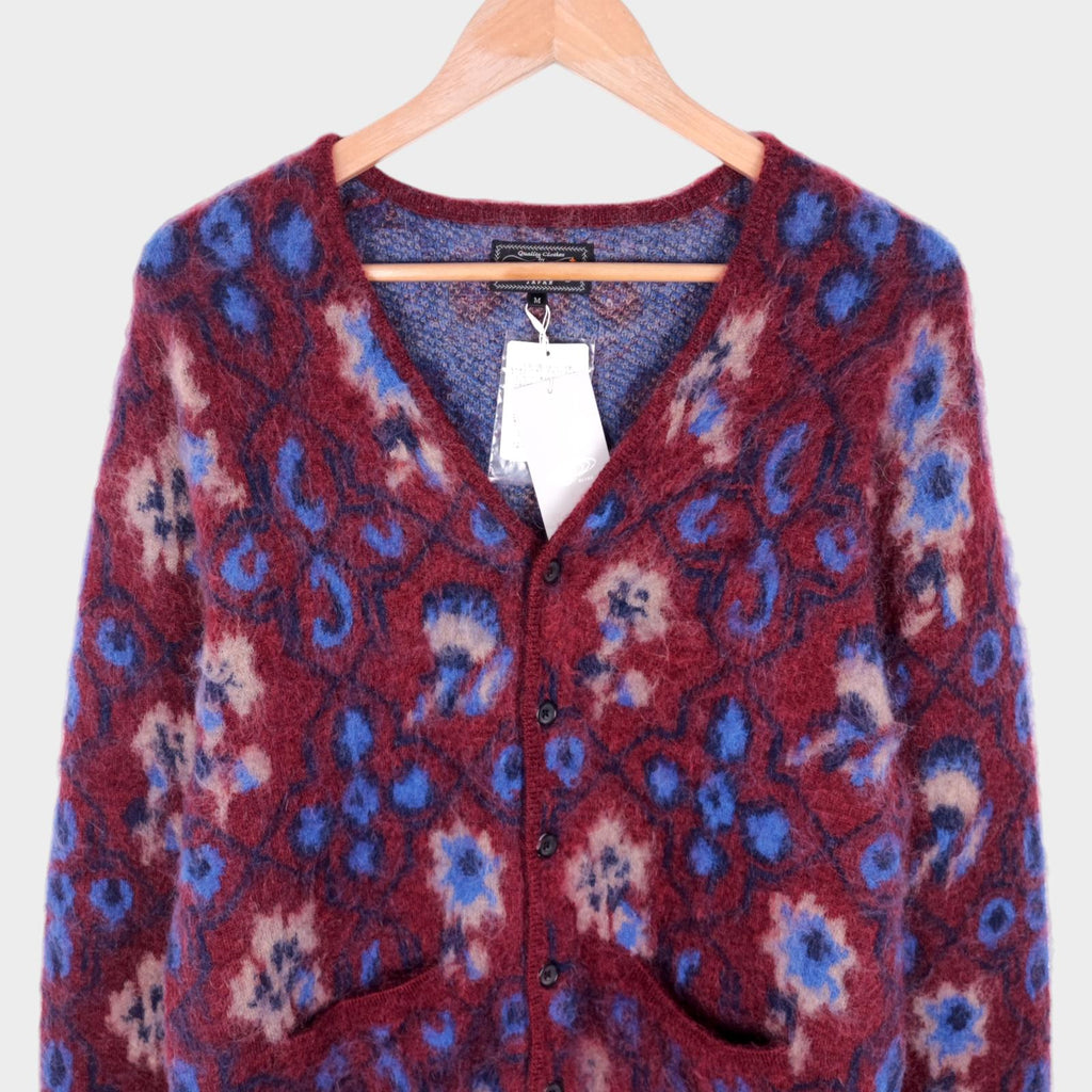 BEAMS PLUS Men's Mohair Blend Shaggy Grunge Botanical Jacquard Cardigan