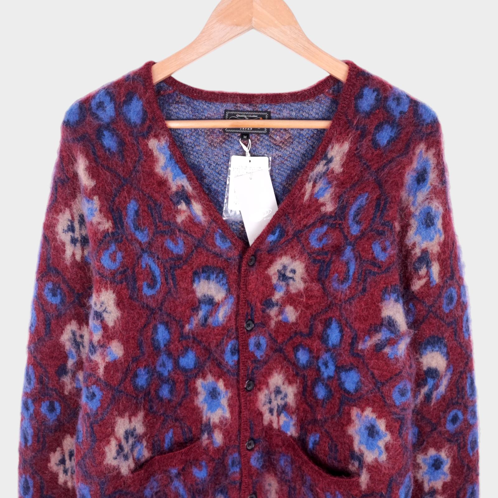 BEAMS PLUS Men's Mohair Blend Shaggy Grunge Botanical Jacquard Cardigan