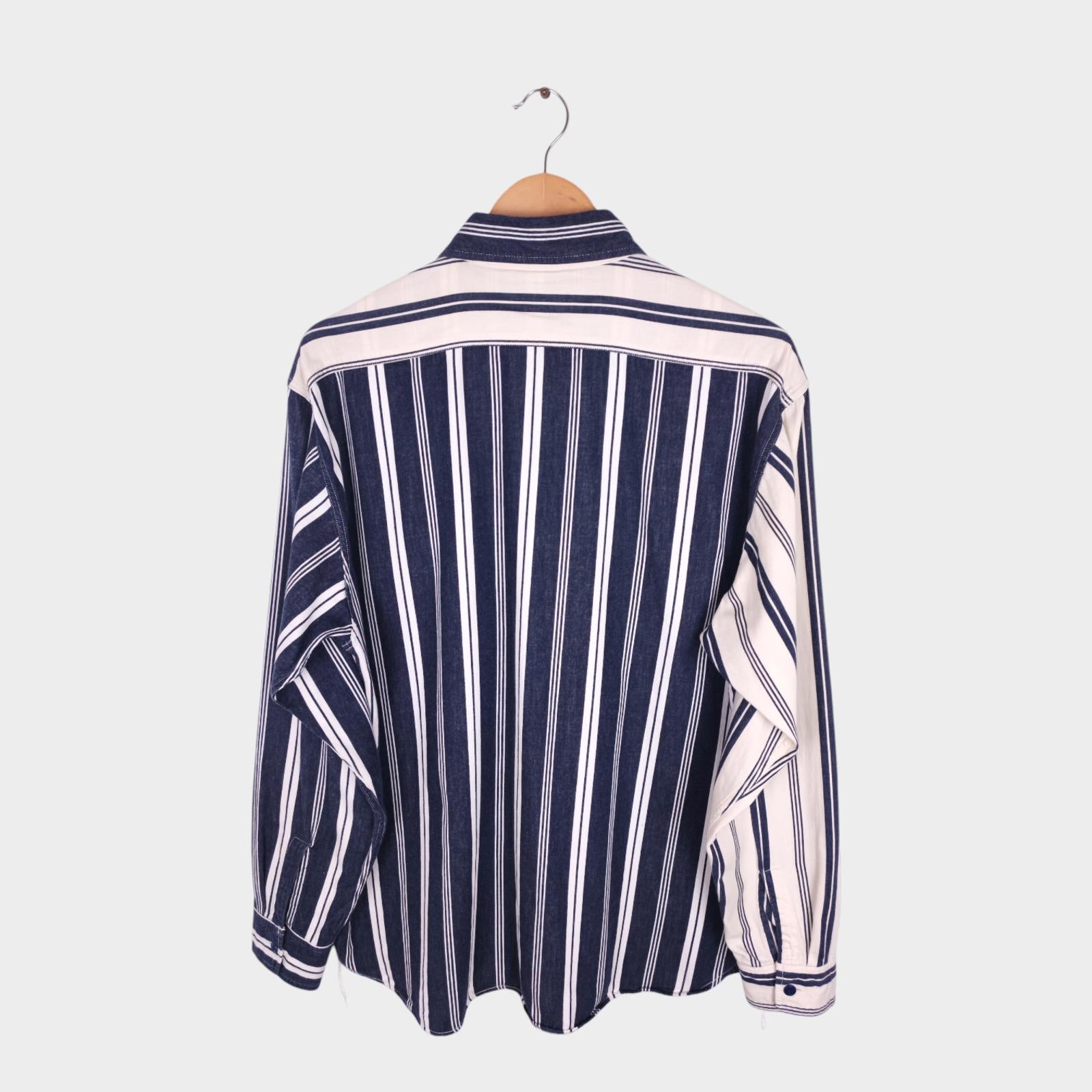 SUGAR CANE Men's Made in Japan Cream/Navy Striped Panelled Shirt