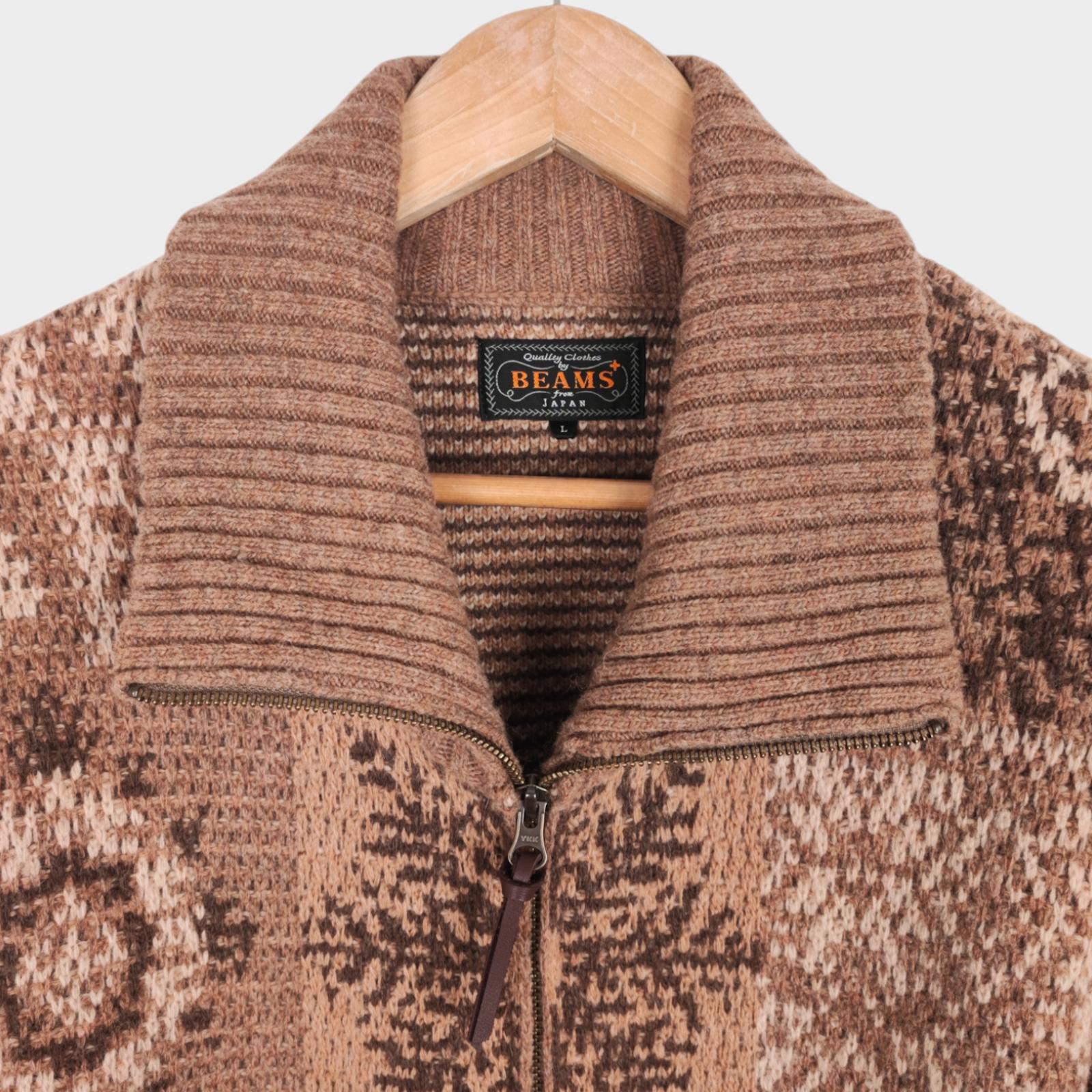 BEAMS PLUS Men's Beige 100% Heavyweight Wool Jacquard Patchwork Jacket