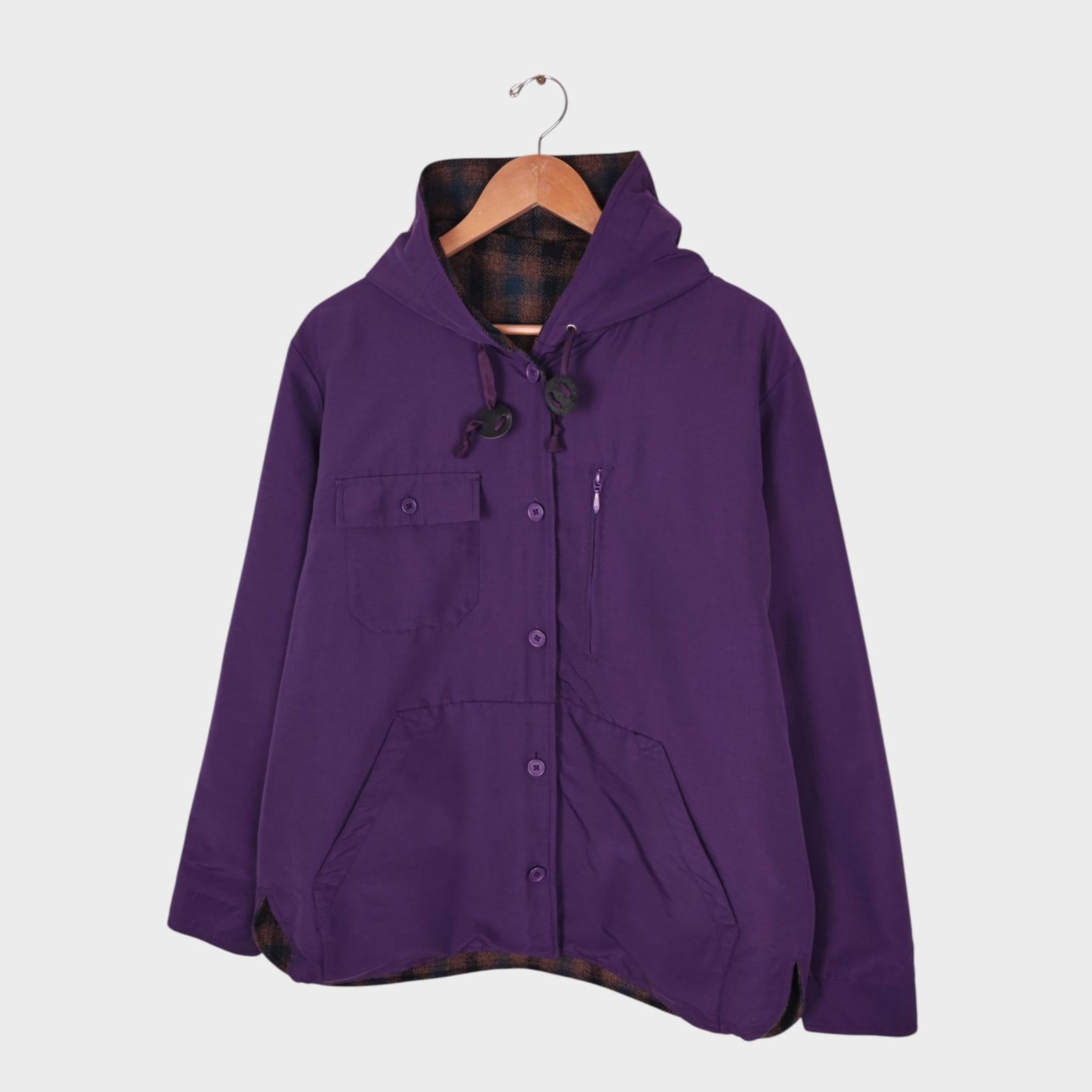 BEAMS PLUS Men's Purple/Checked Reversible Wool Blend Mountain Parka Jacket