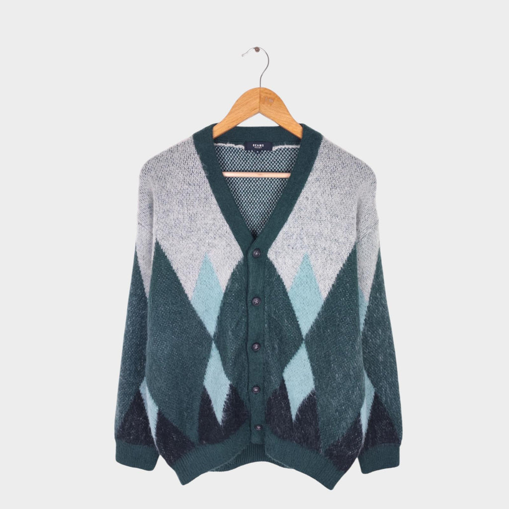 BEAMS HEART Men's Green Shaggy Grunge Argyle Cardigan