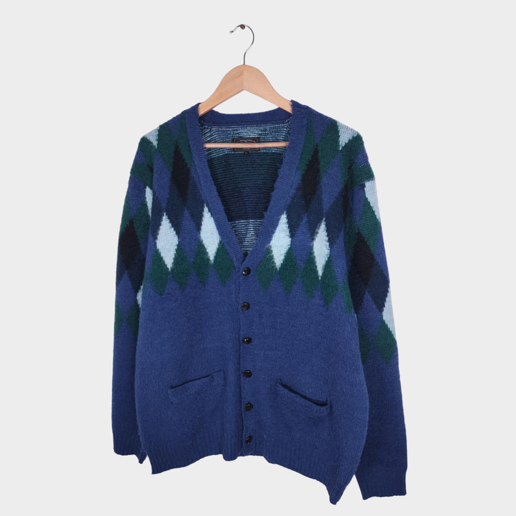 BEAMS PLUS Men's Mohair Blend Shaggy Grunge Argyle Cardigan