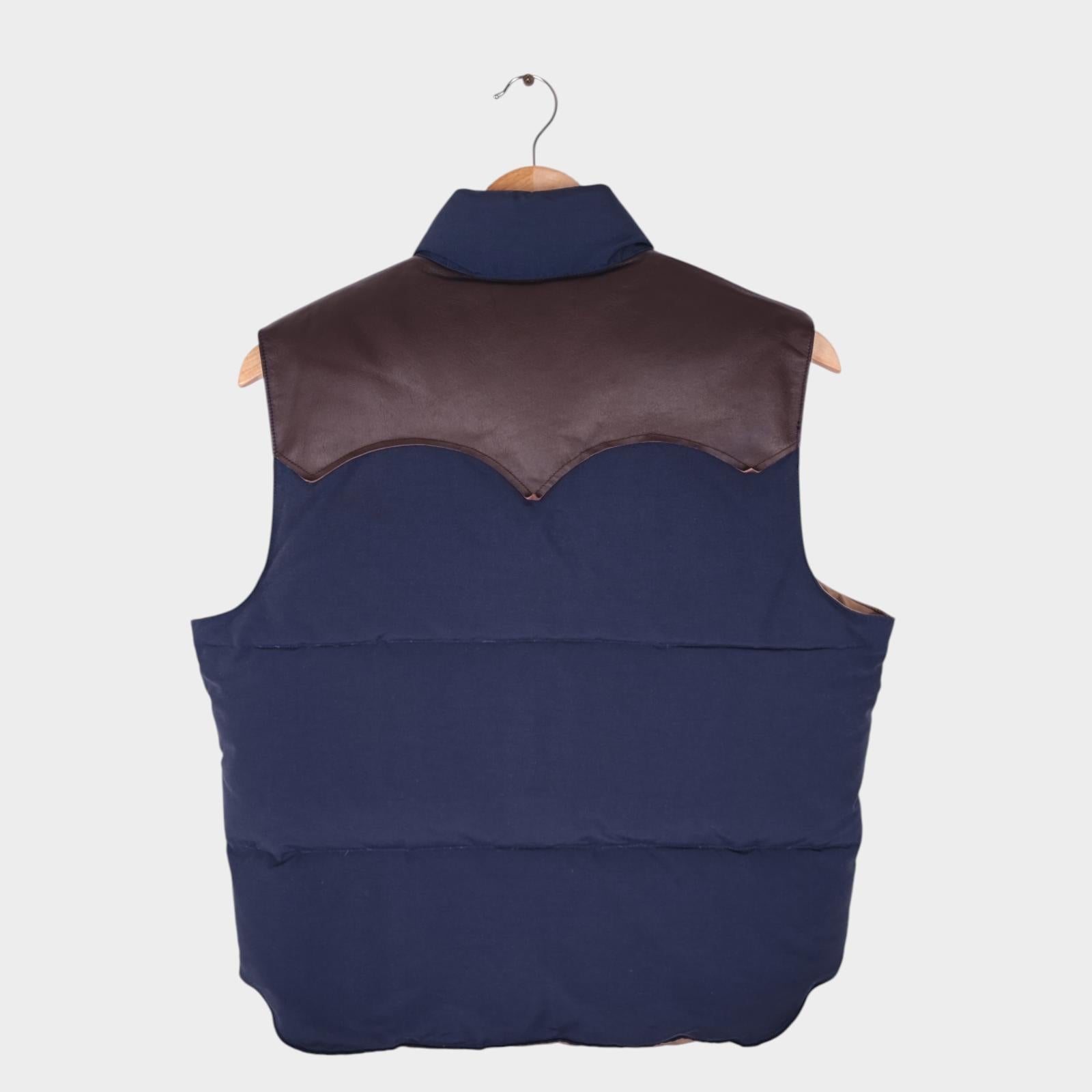 SUGAR CANE Men's Navy Cotton/Nylon Leather Yoke Down Vest Gilet