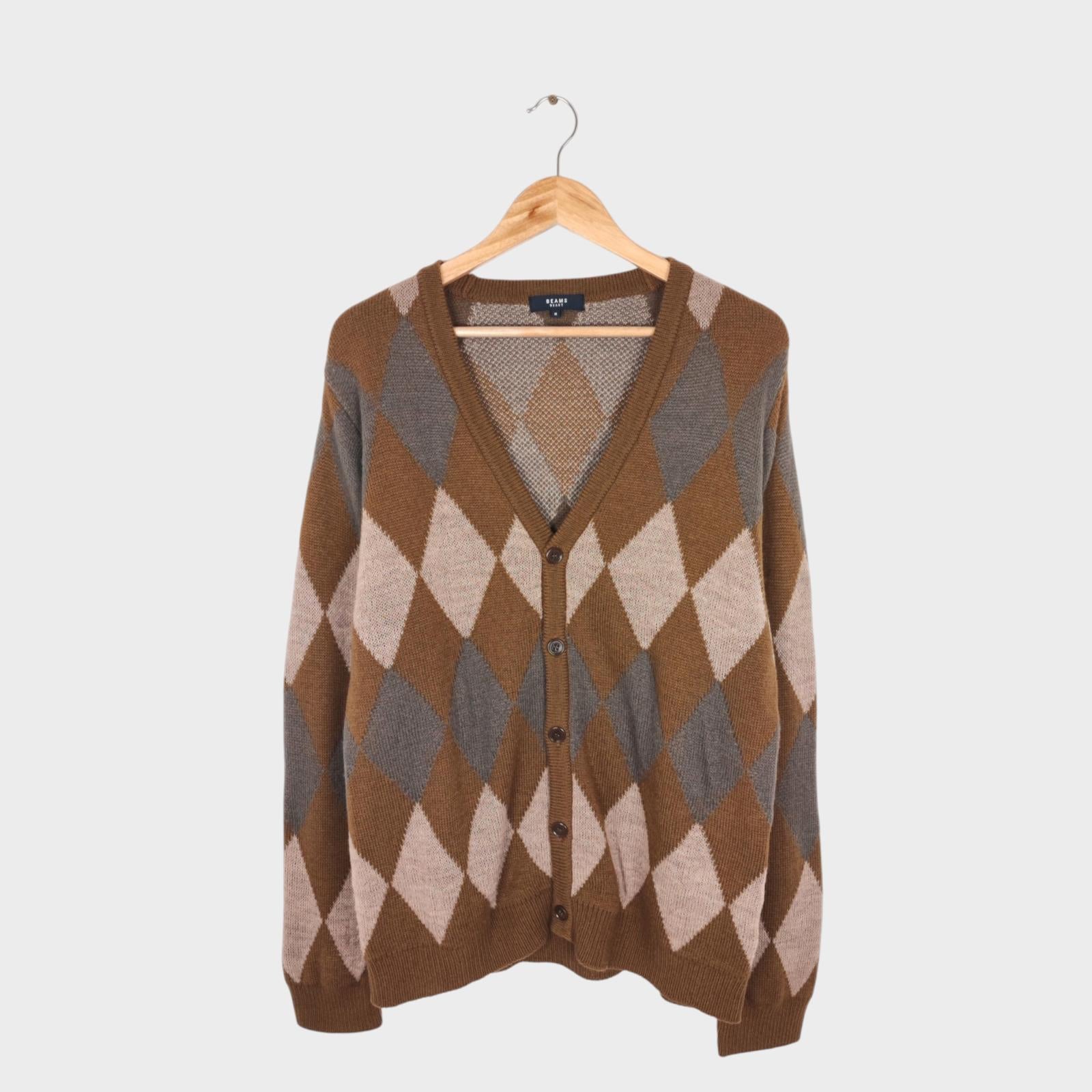 BEAMS HEART Men's Made in Japan Argyle Wool Blend Cardigan