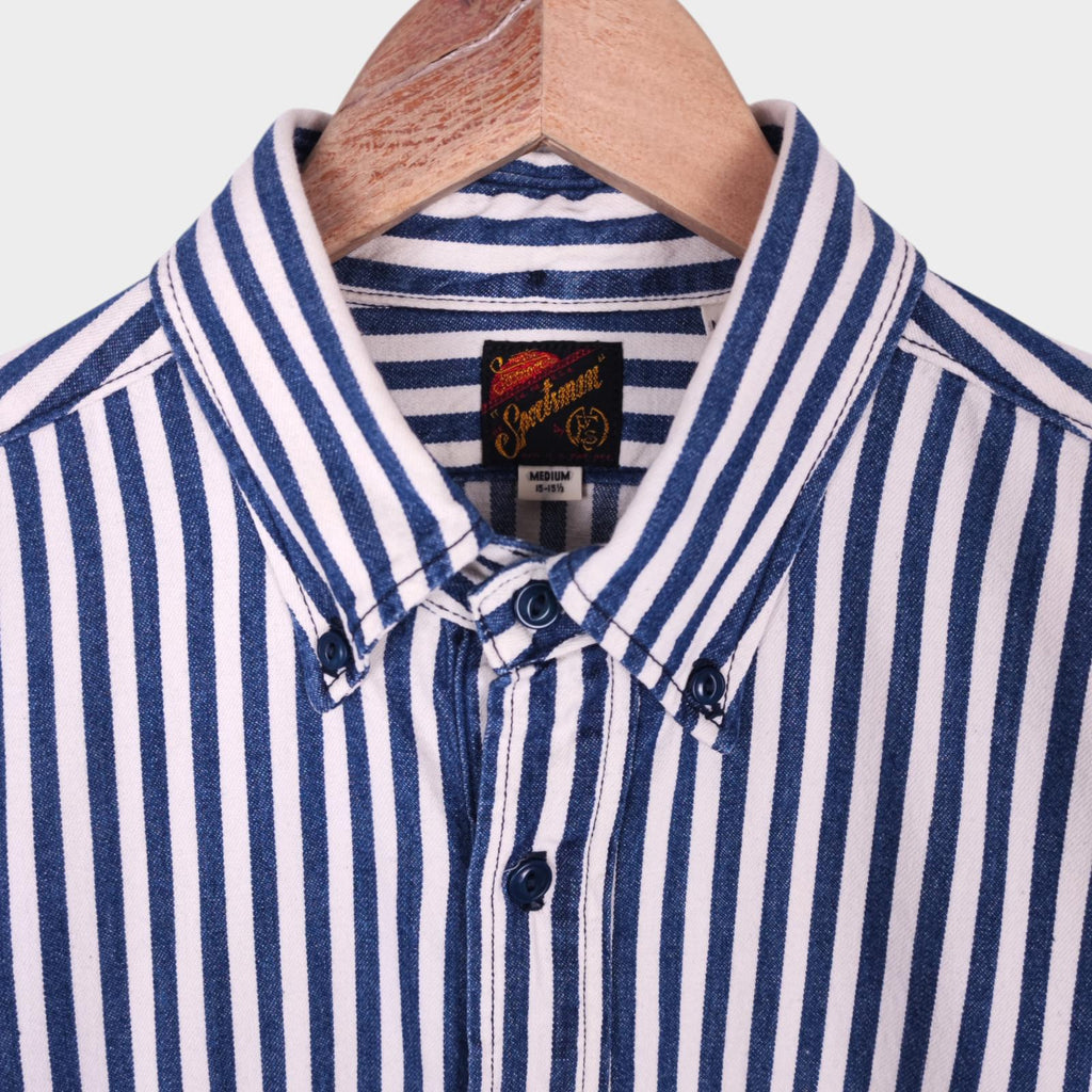 MISTER FREEDOM x SUGAR CANE Men's Made in USA Blue Striped Pullover Shirt