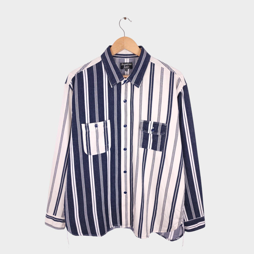 SUGAR CANE Men's Made in Japan Cream/Navy Striped Panelled Shirt
