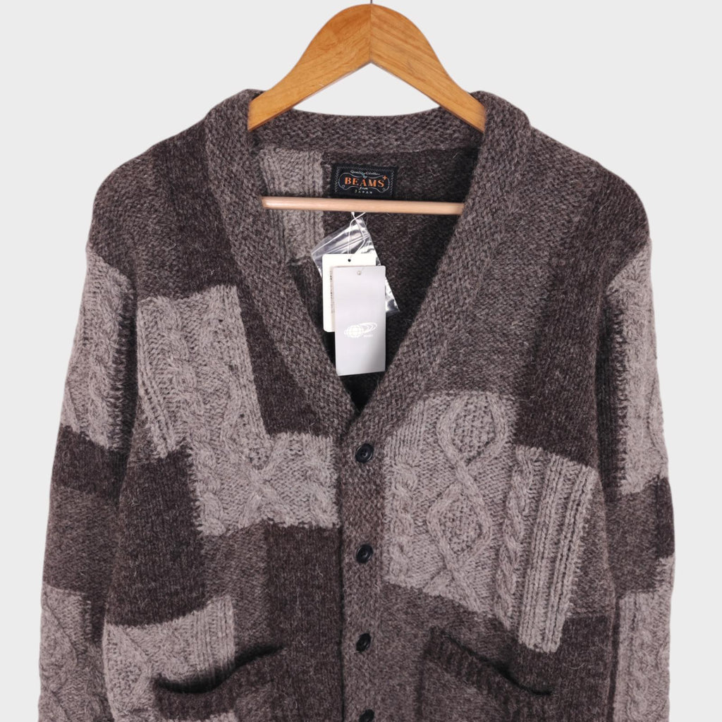BEAMS PLUS Men's 100% Wool Patchwork Knit Cardigan