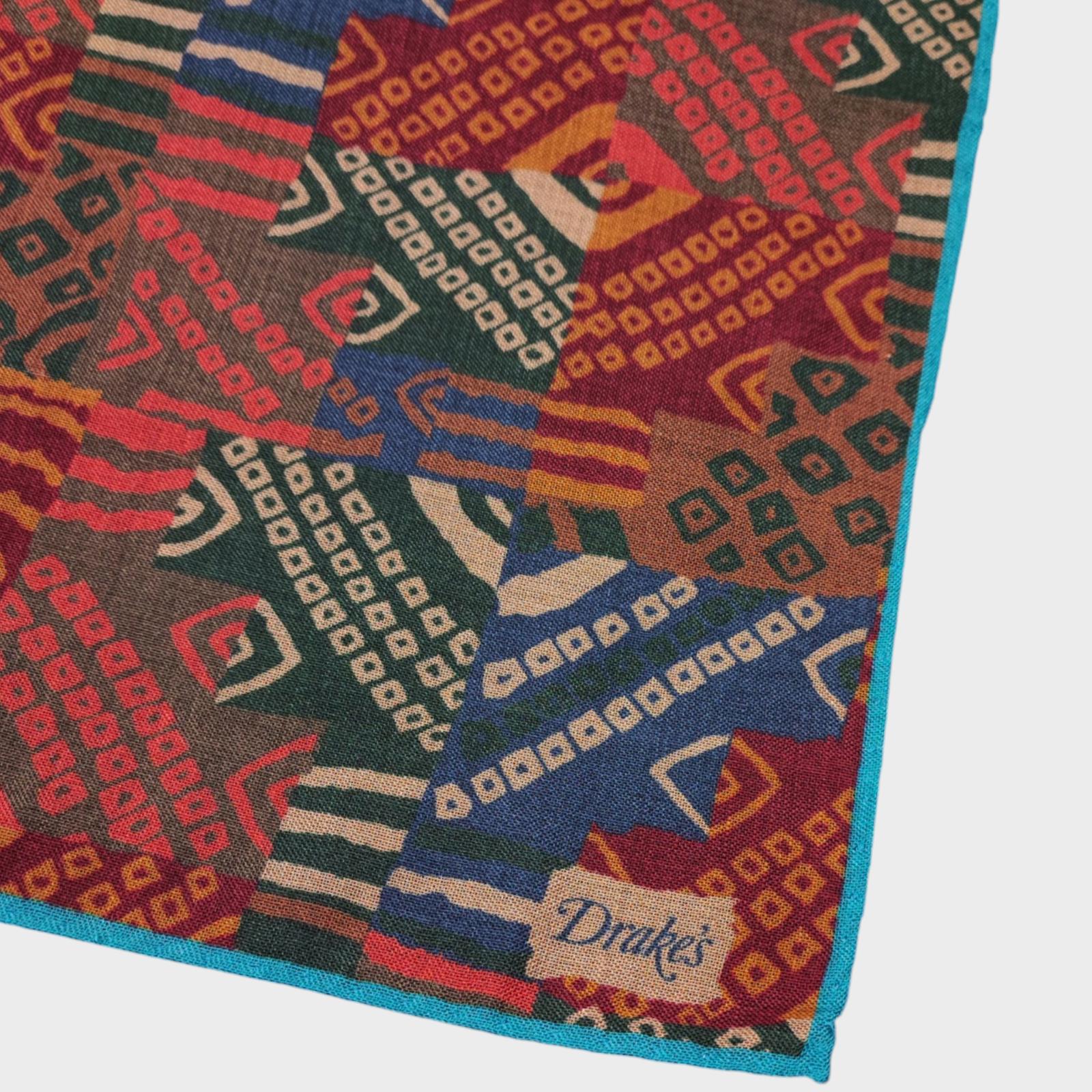DRAKE'S Wool/Silk Made in Italy Patchwork Kelim Print Pocket Square